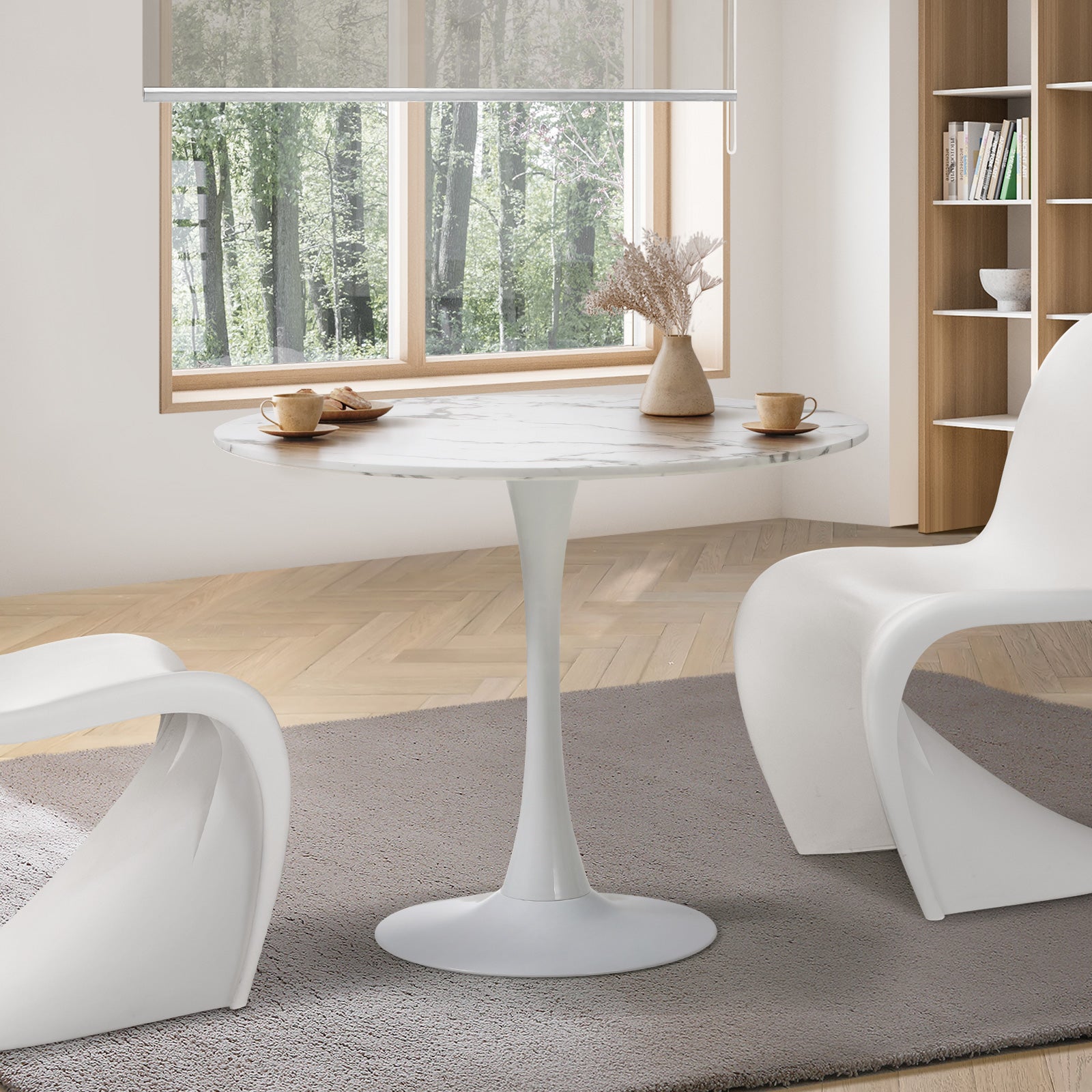 Oikiture 90-120cm Dining Table Kitchen Marble Tulip Metal Legs White/Black - Sunyee