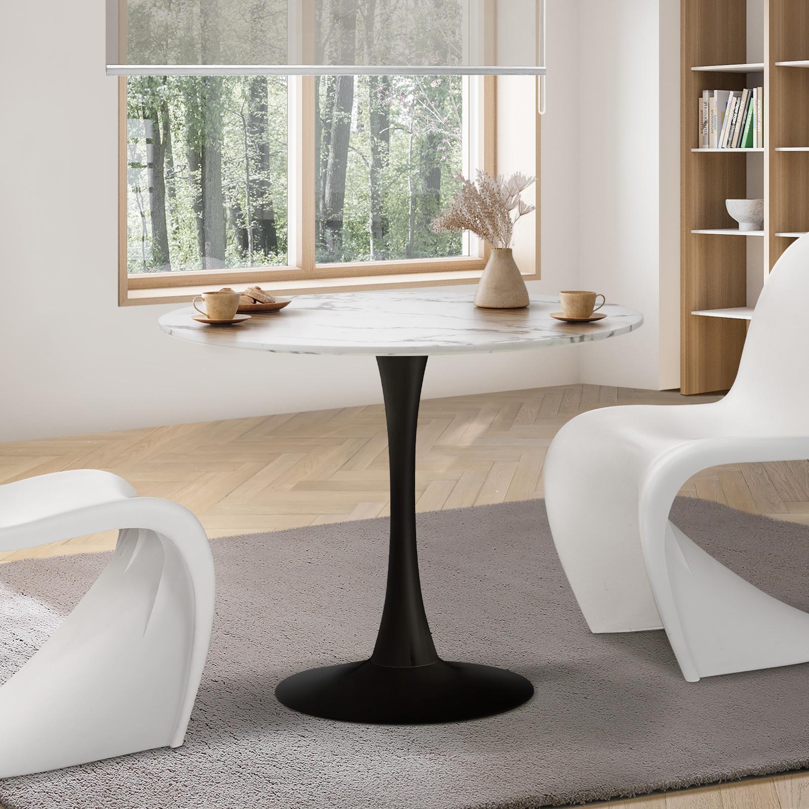 Oikiture 90cm Dining Table Kitchen Marble Tulip Round Metal Leg White&Black - Sunyee