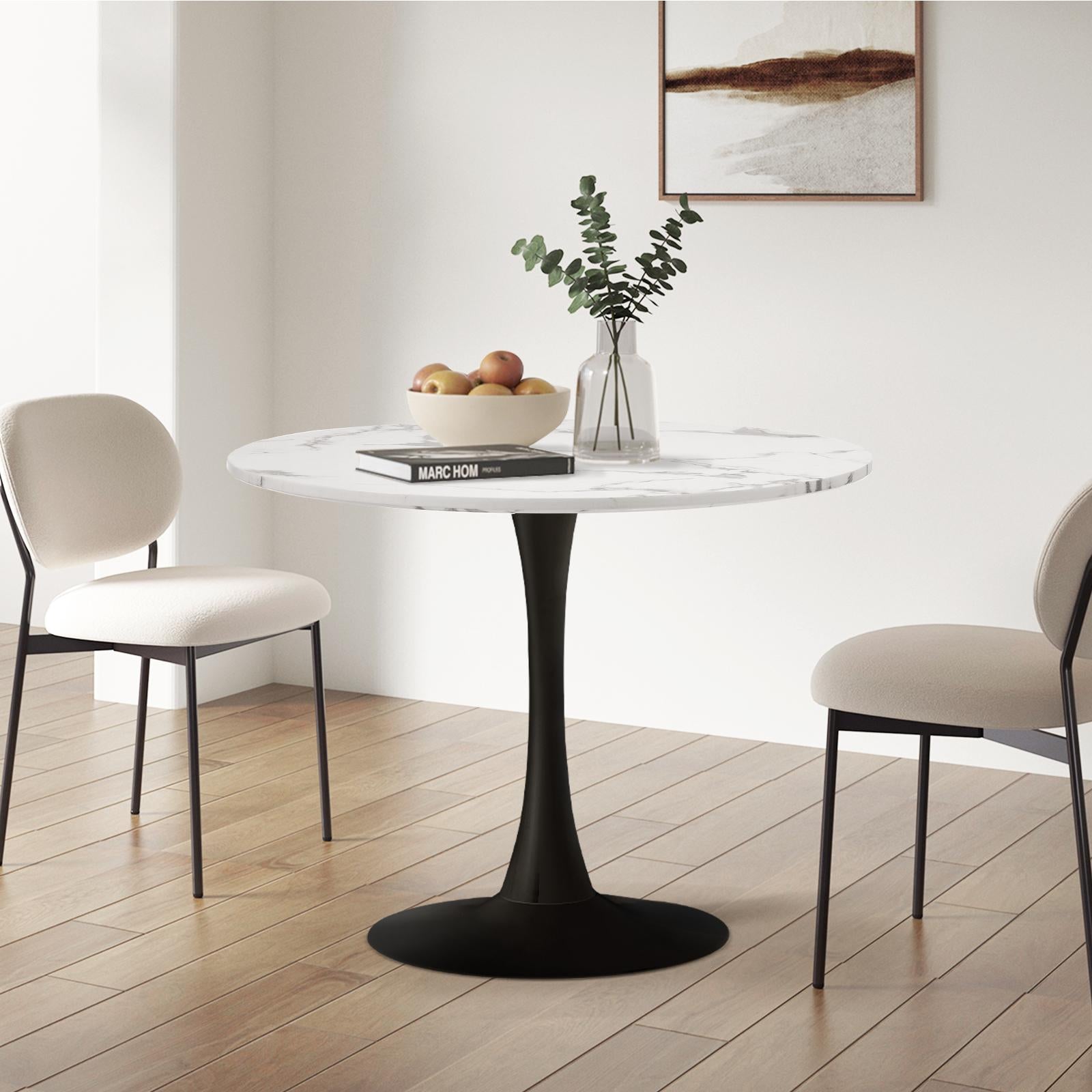 Oikiture 90cm Dining Table Kitchen Marble Tulip Round Metal Leg White&Black - Sunyee