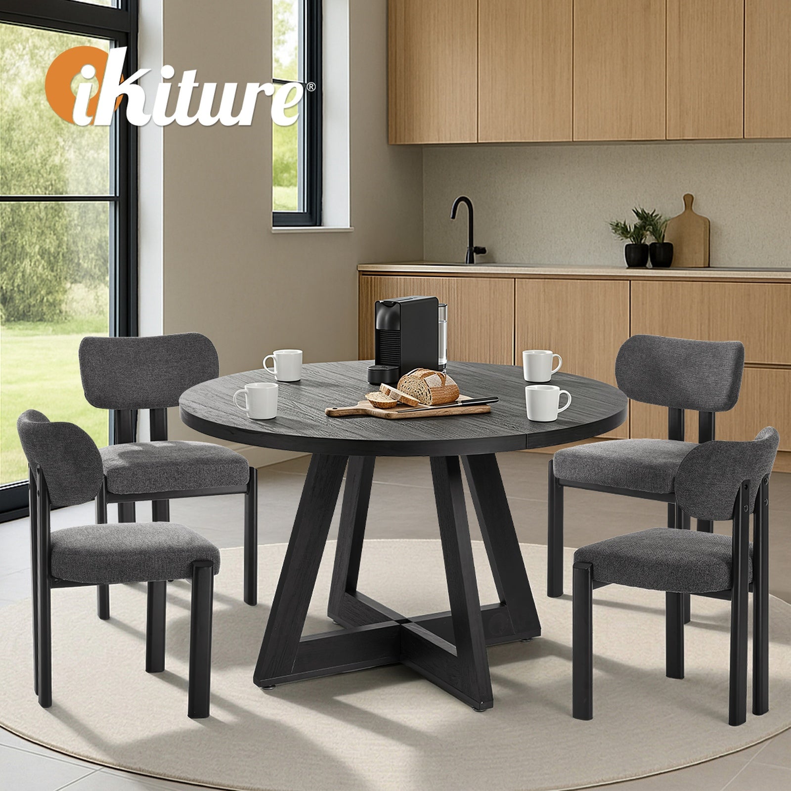 Oikiture 120cm Round Dining Table Wooden Kitchen Furniture Black - Sunyee