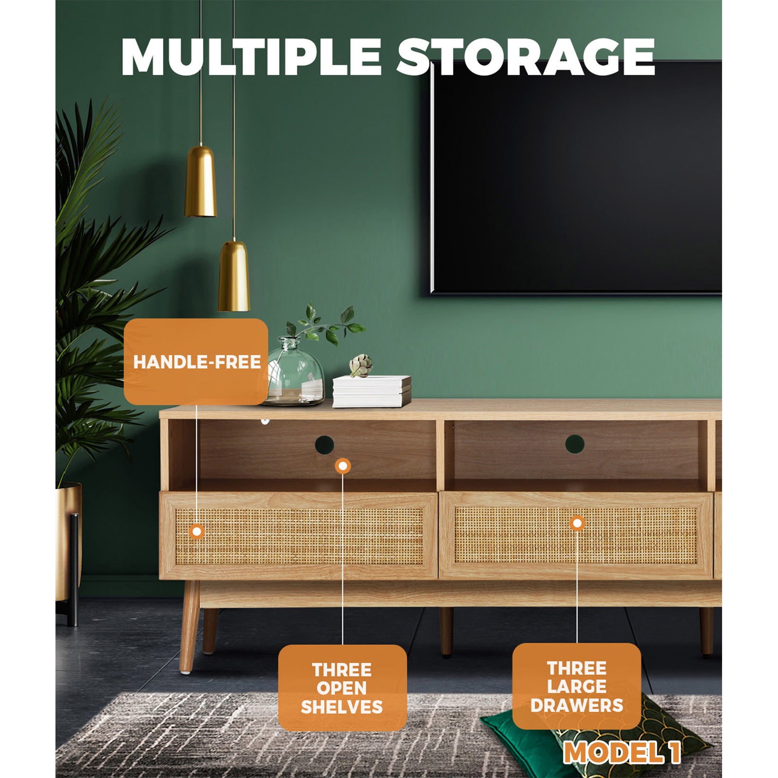 Oikiture TV Cabinet Entertainment Unit Stand Storage Rattan Door Shelves Rack - Sunyee