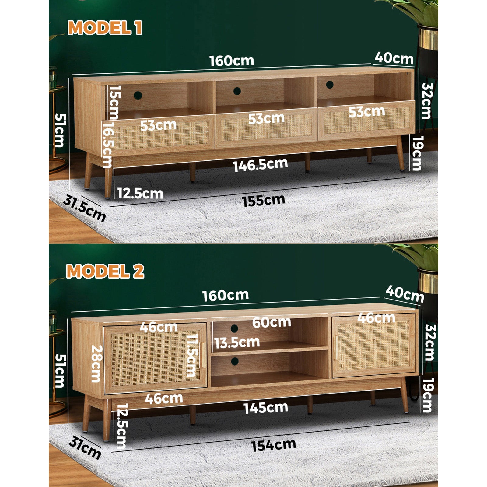 Oikiture TV Cabinet Entertainment Unit Stand Storage Rattan Door Shelves Rack - Sunyee