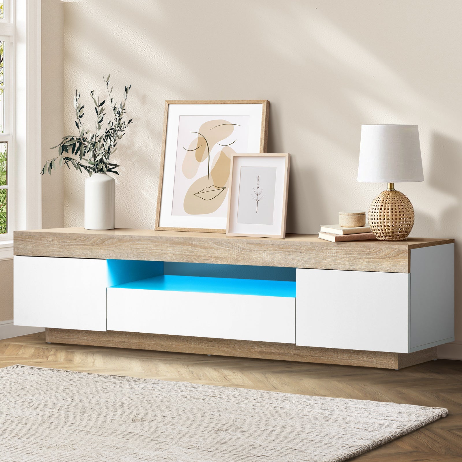 Oikiture TV Cabinet Entertainment Unit Stand RGB LED Storage Drawer Furniture - Sunyee