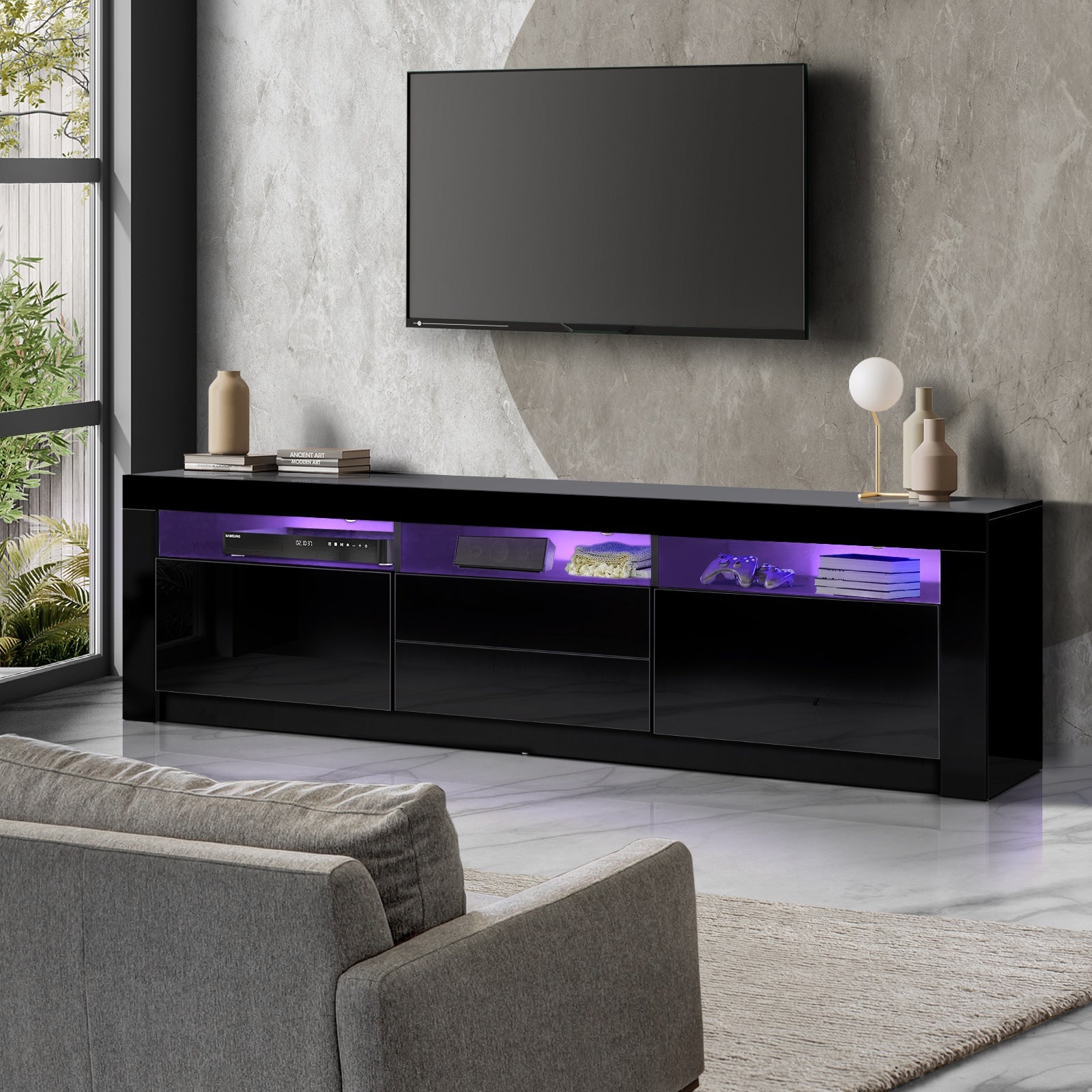 Oikiture TV Unit Entertainment Unit TV Cabinet Stand Gloss LED RGB Black 180CM