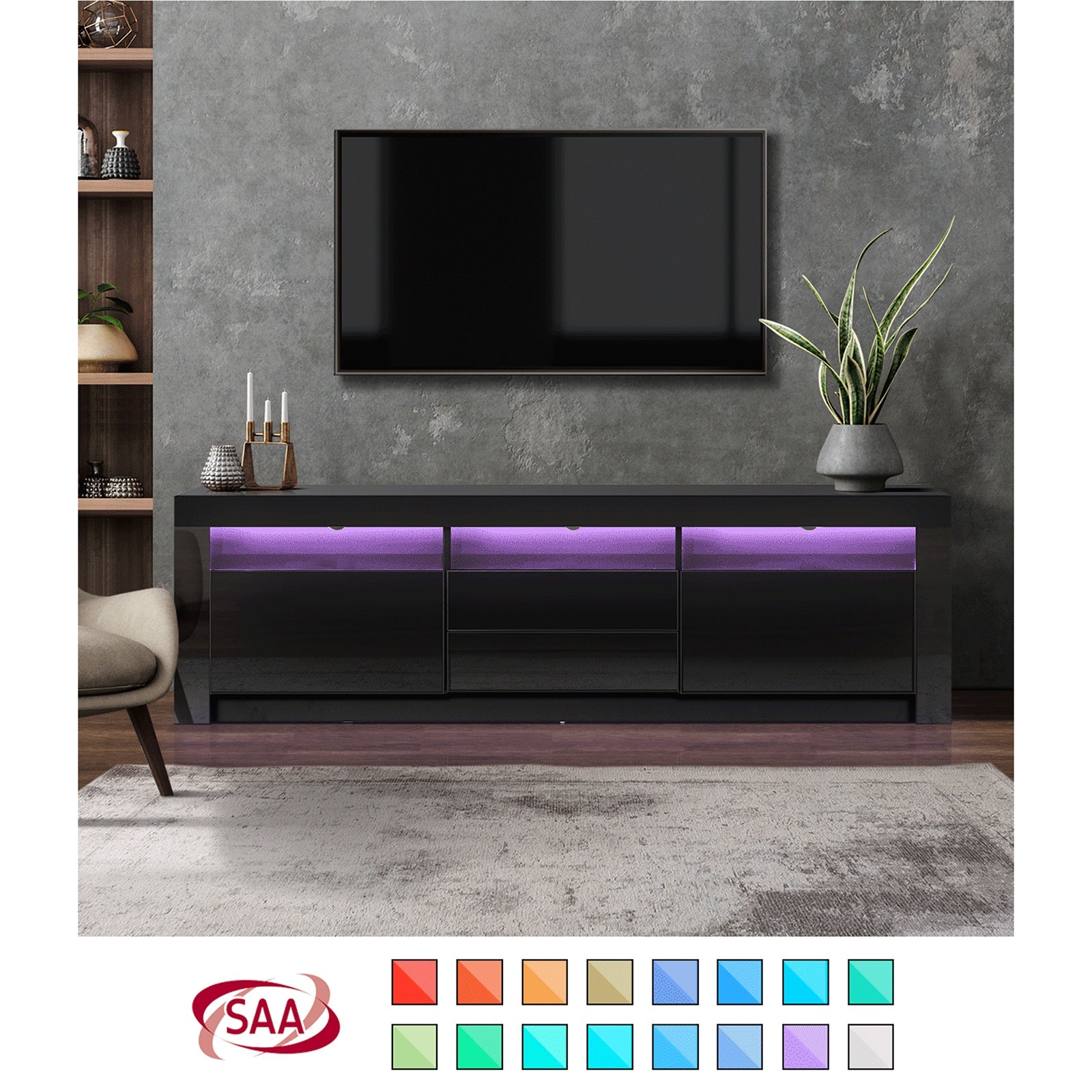 Oikiture TV Unit Entertainment Unit TV Cabinet Stand Gloss LED RGB Black 180CM