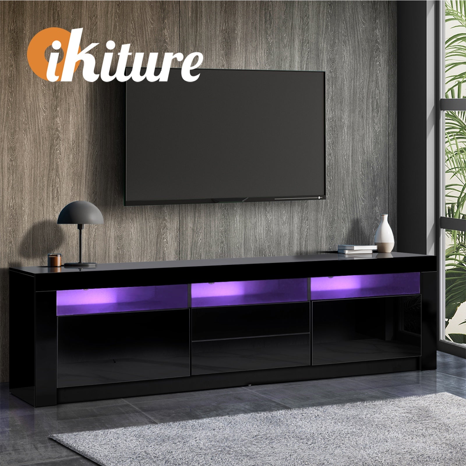 Oikiture TV Unit Entertainment Unit TV Cabinet Stand Gloss LED RGB Black 180CM