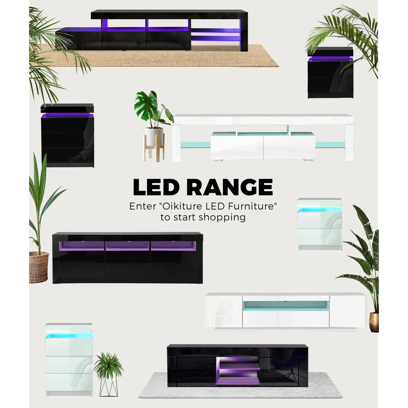 Oikiture TV Unit Entertainment Unit TV Cabinet Stand Gloss LED RGB Black 180CM