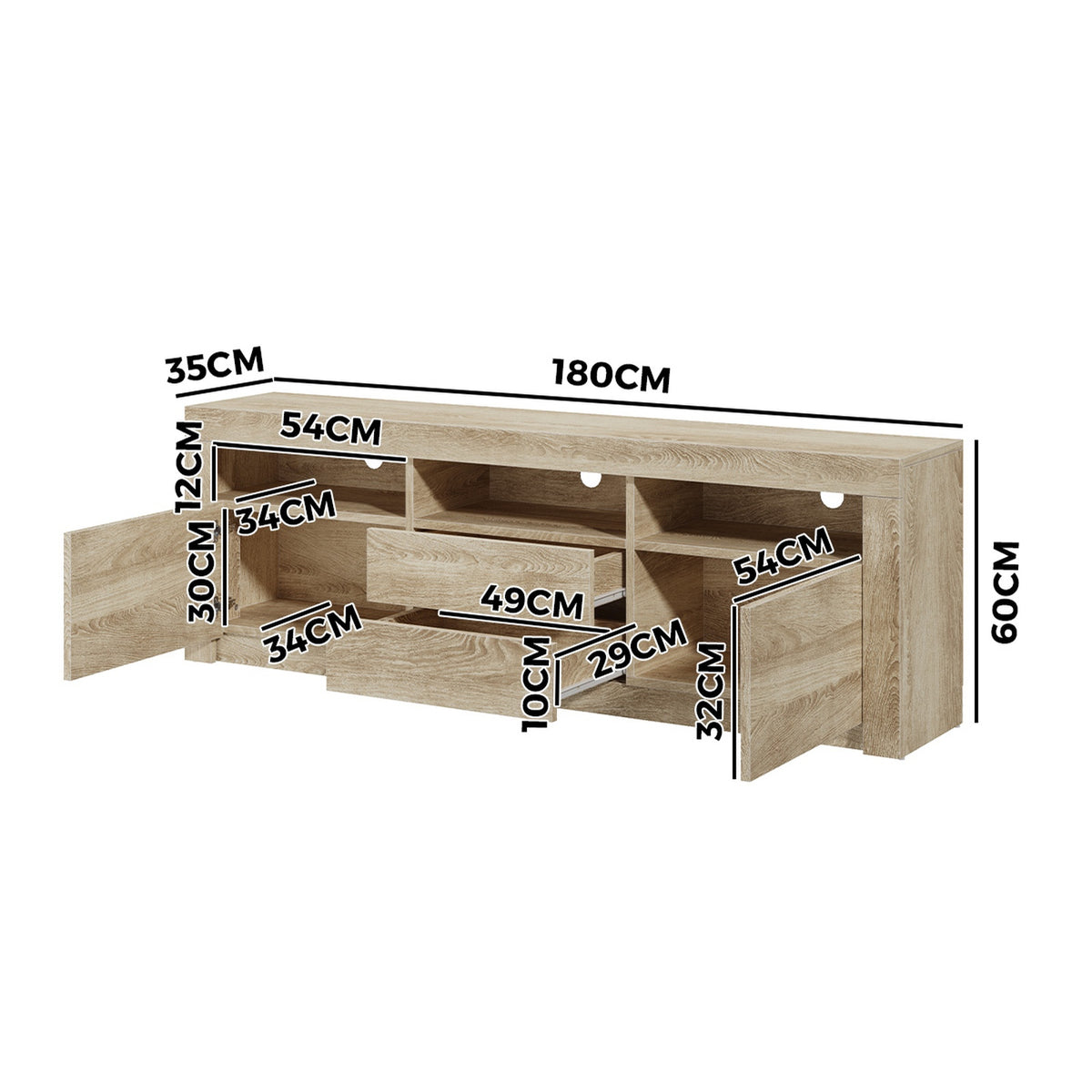 Oikiture TV Cabinet Entertainment Unit Stand RGB LED Storage Drawer Oak 180cm - Sunyee