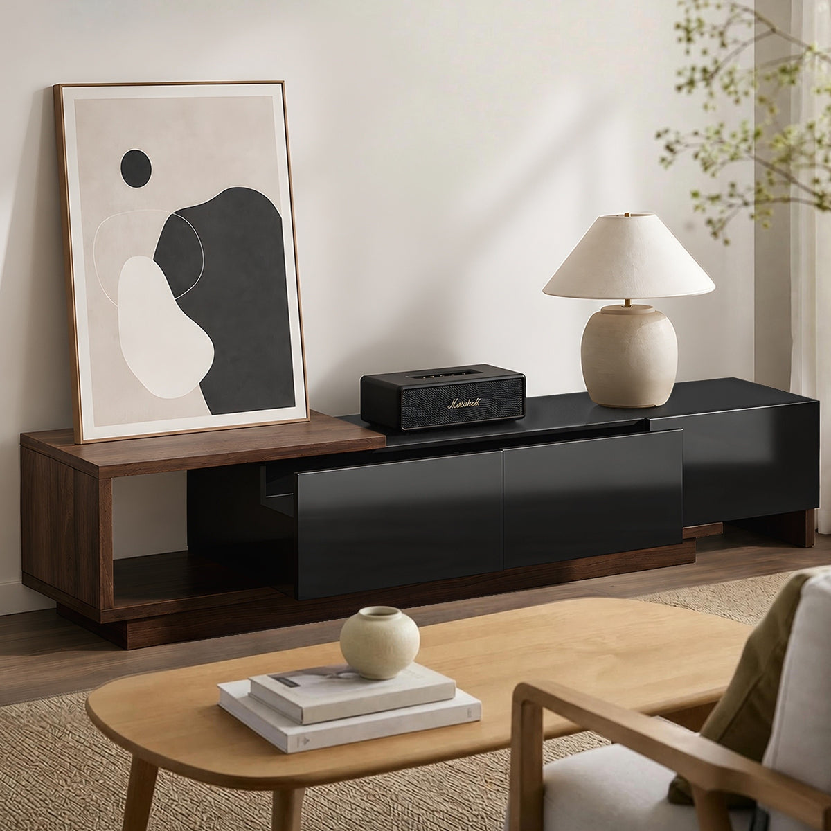 Oikiture 160-211cm Extendable TV Cabinet Entertainment Unit Stand 3 Drawers