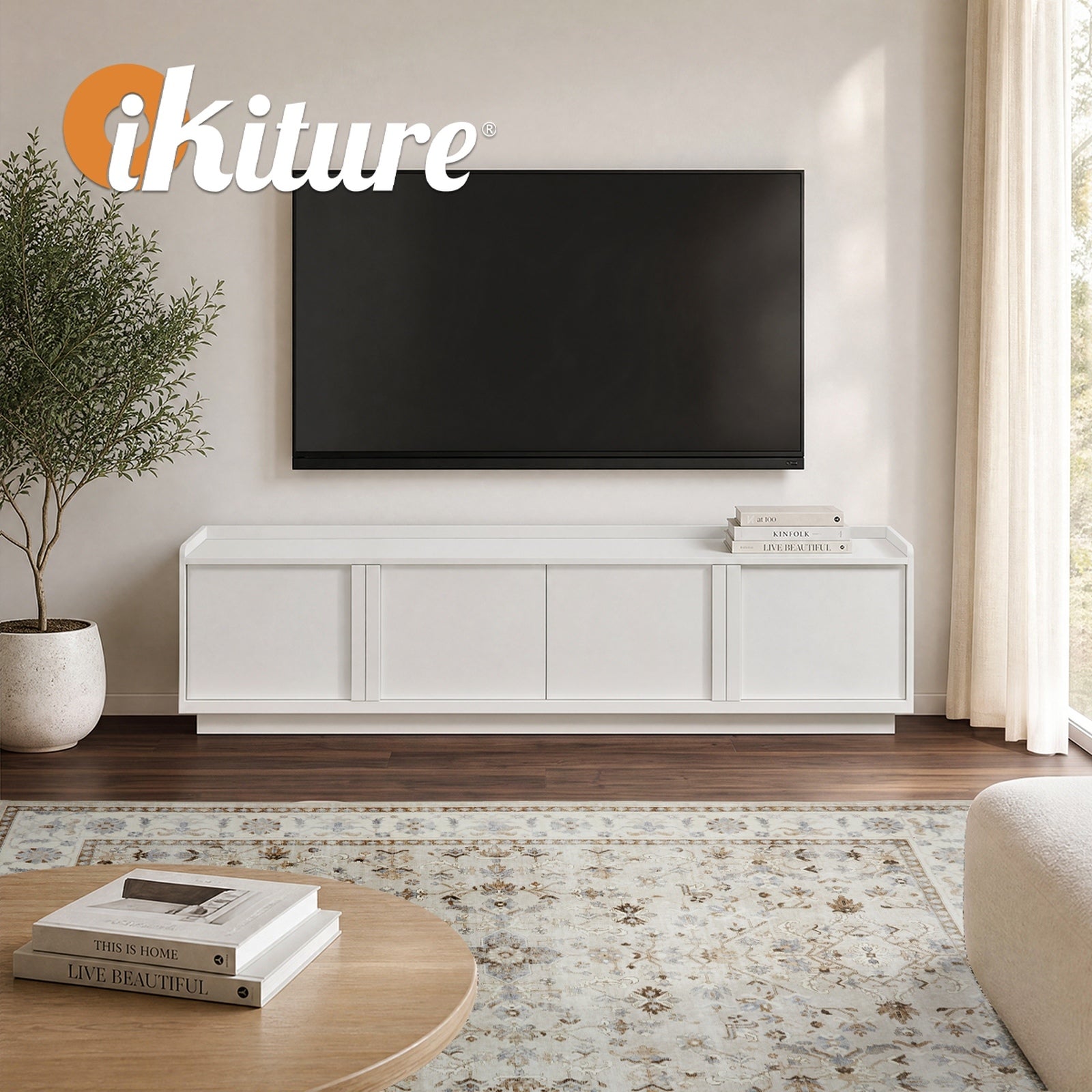 Oikiture 4 Door TV Cabinet 180cm Entertainment Unit Stand Storage Shelf White