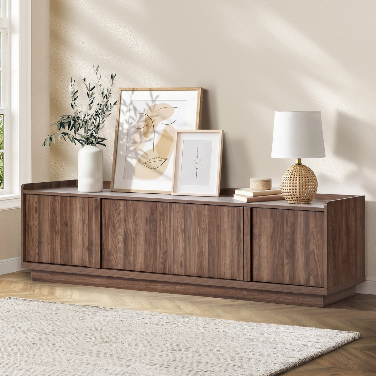 Oikiture 4 Door TV Cabinet 180cm Entertainment Unit Stand Storage Shelf Walnut