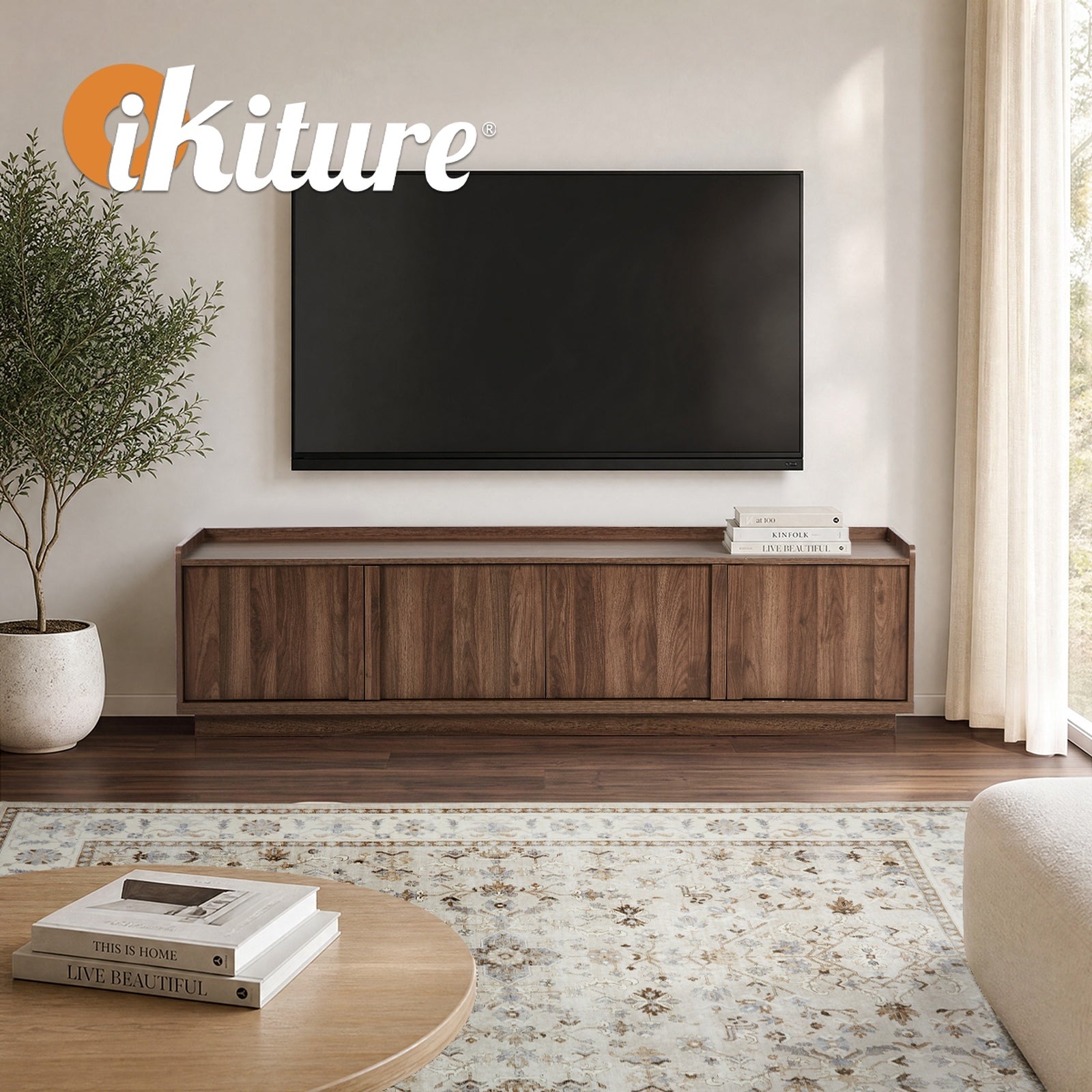 Oikiture 4 Door TV Cabinet 180cm Entertainment Unit Stand Storage Shelf Walnut