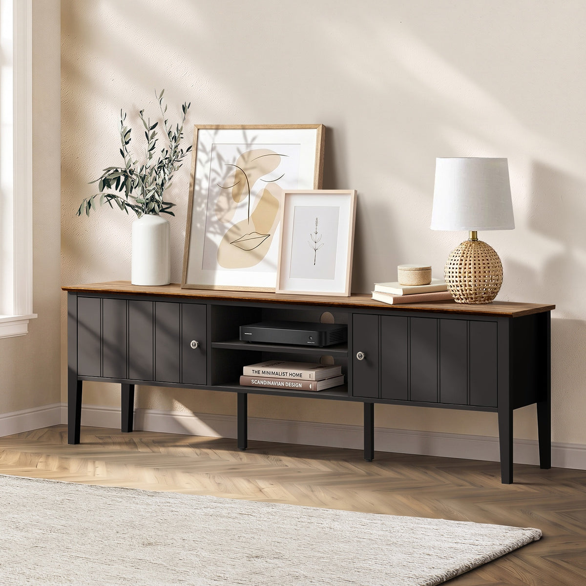 Oikiture TV Cabinet 150cm Entertainment Unit Stand Storage Shelves Black - Sunyee