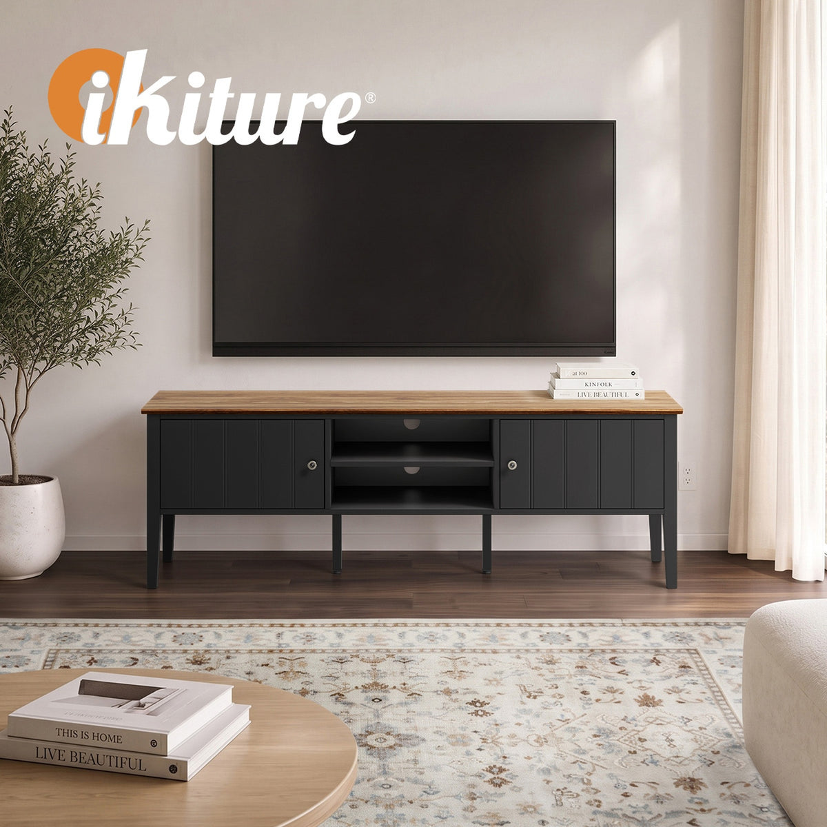 Oikiture TV Cabinet 150cm Entertainment Unit Stand Storage Shelves Black - Sunyee