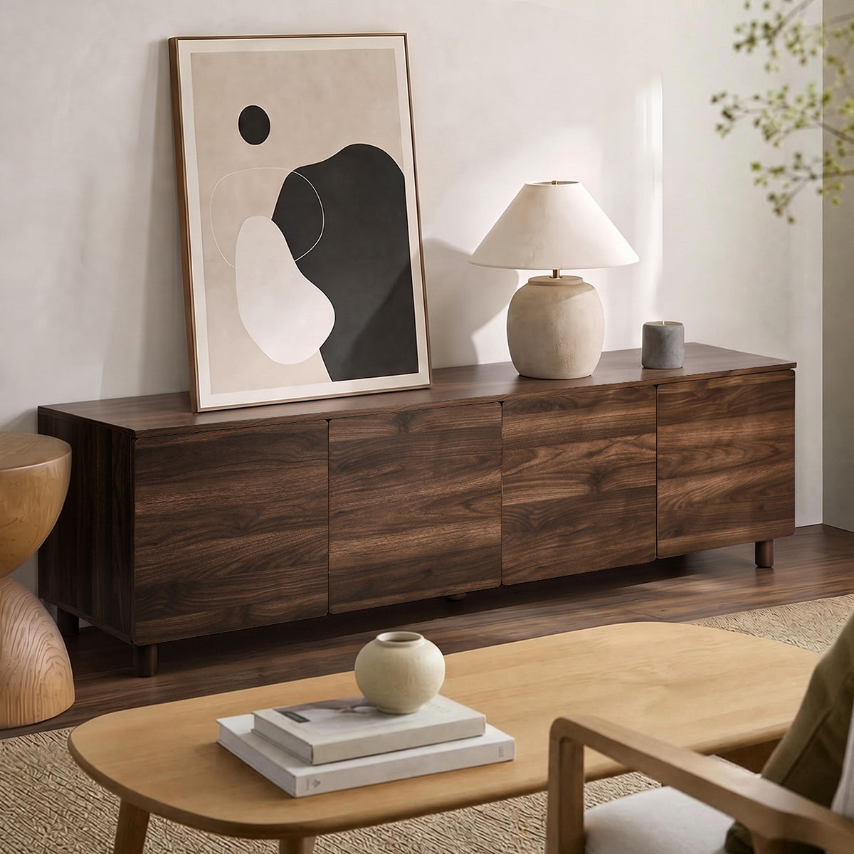 Oikiture 180cm TV Cabinet 4 Door Entertainment Unit Stand Storage Shelves Walnut