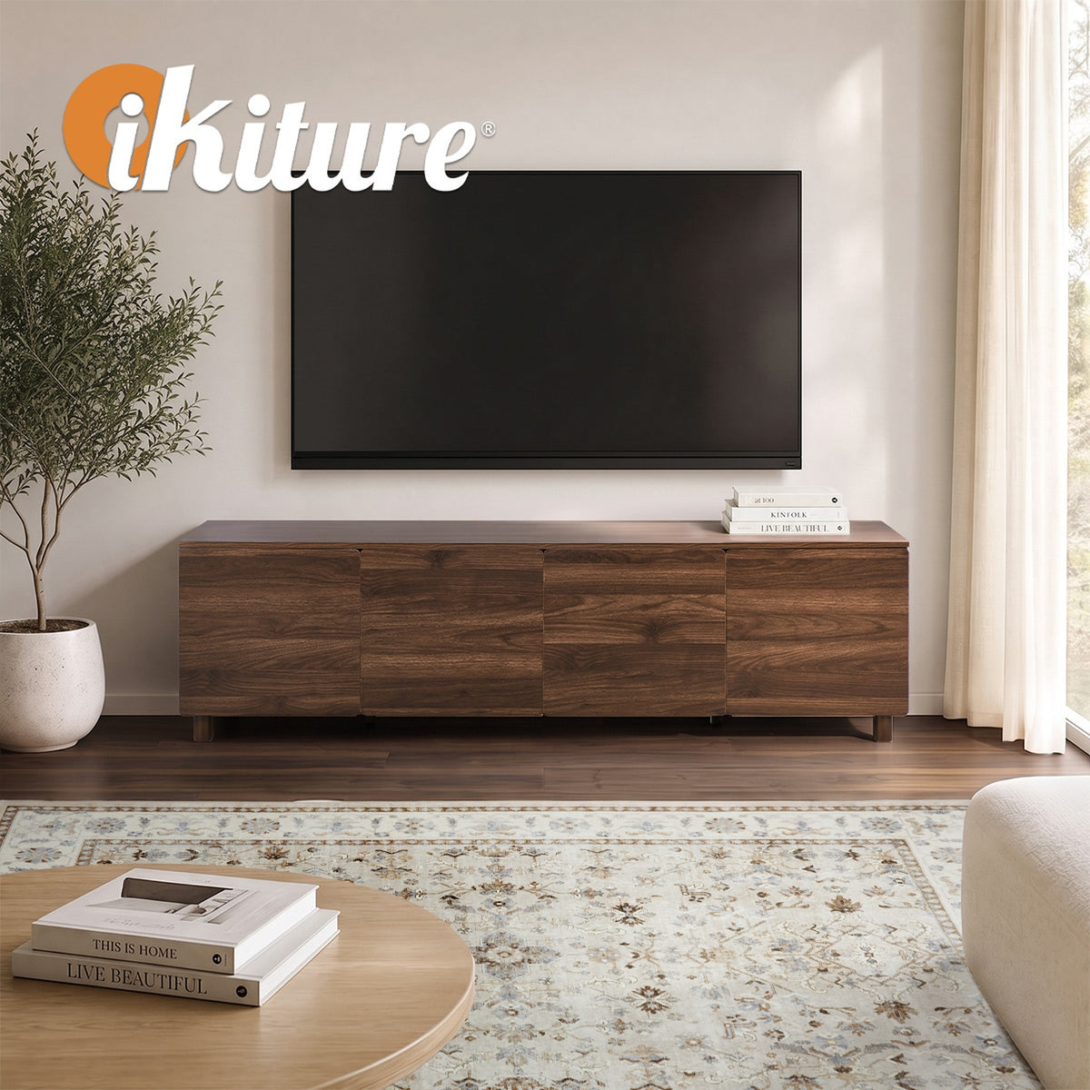 Oikiture 180cm TV Cabinet 4 Door Entertainment Unit Stand Storage Shelves Walnut