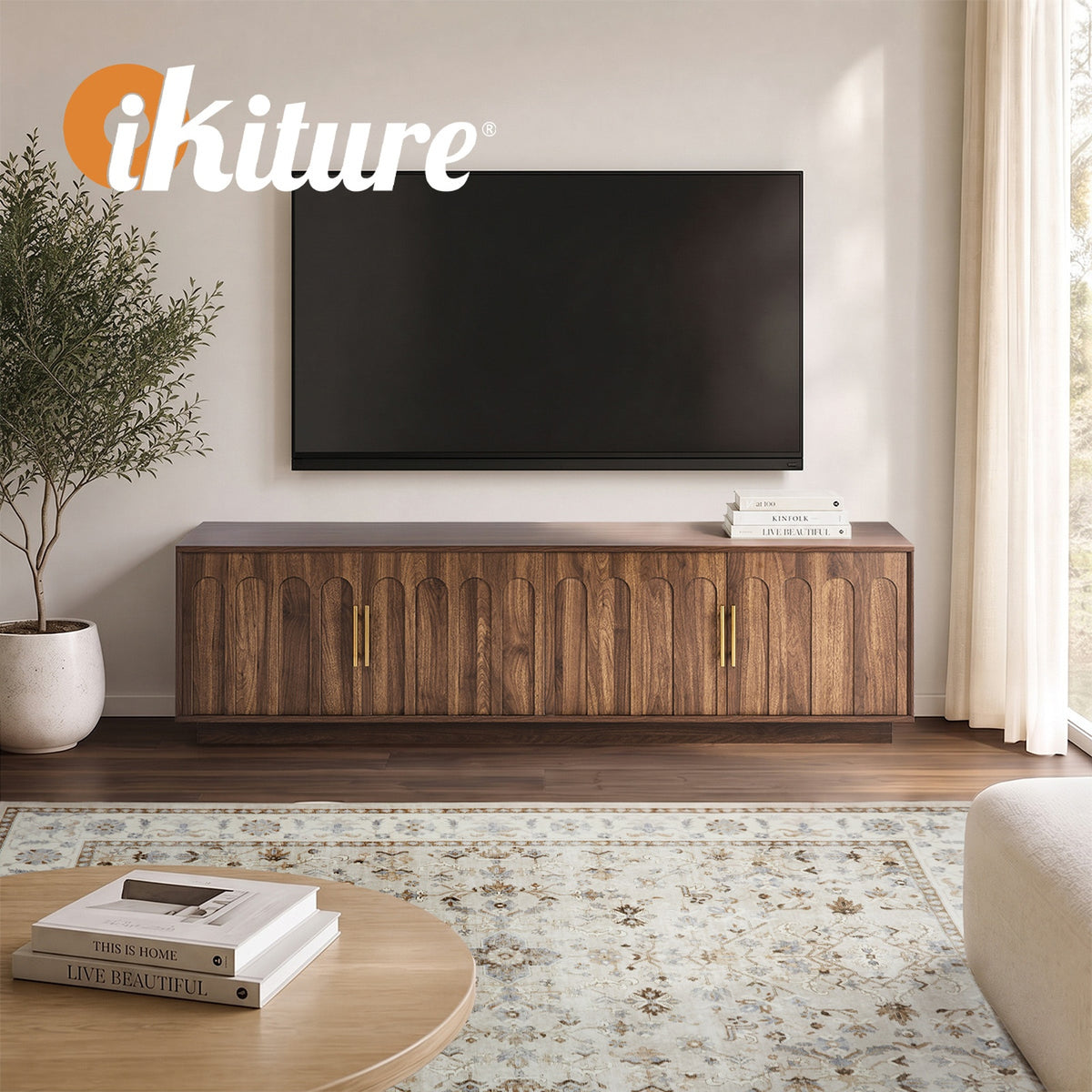 Oikiture TV Cabinet 180cm Entertainment Unit Stand Storage Shelves 4 Door Walnut