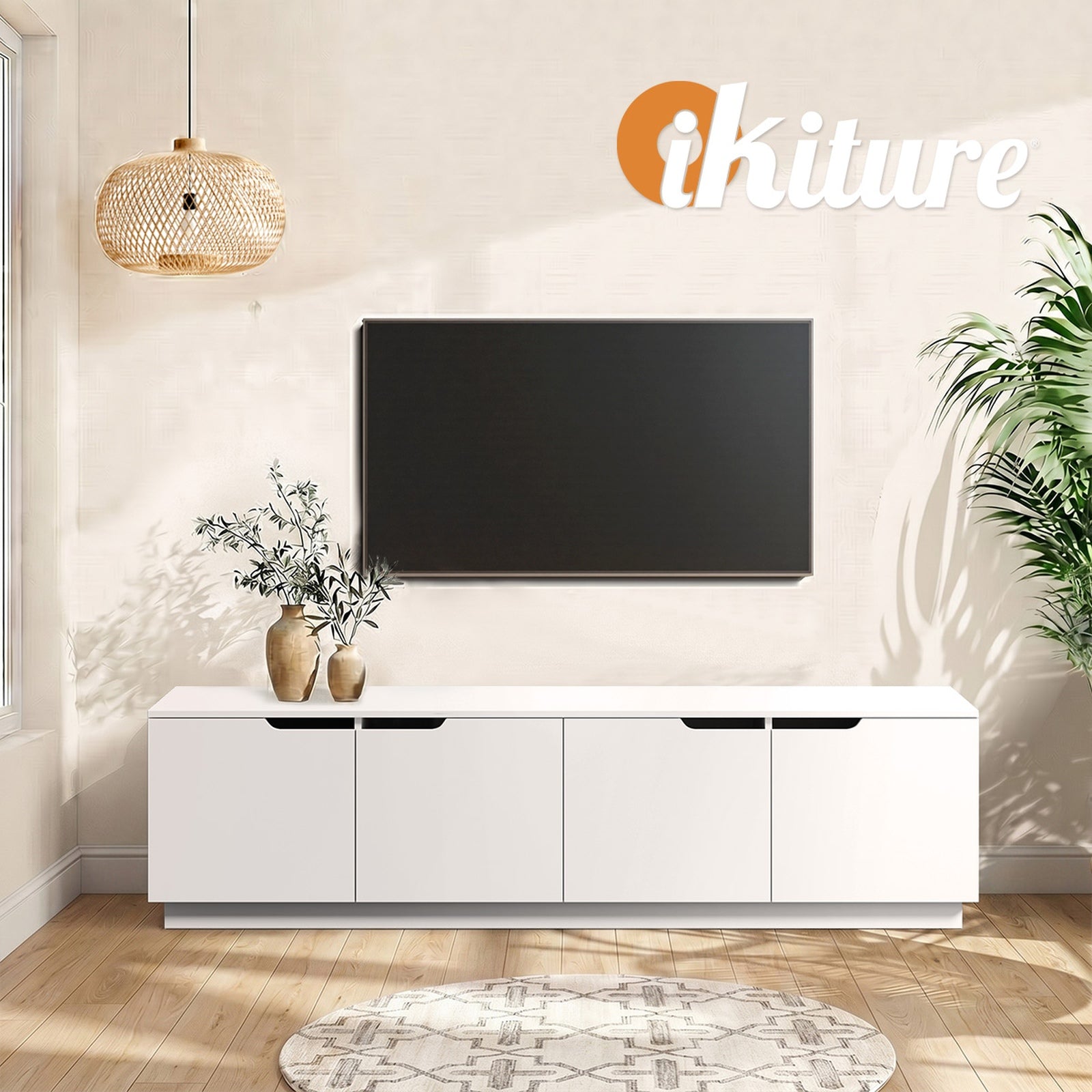Oikiture TV Cabinet Entertainment Unit Stand Wooden Storage Shelf 180cm White
