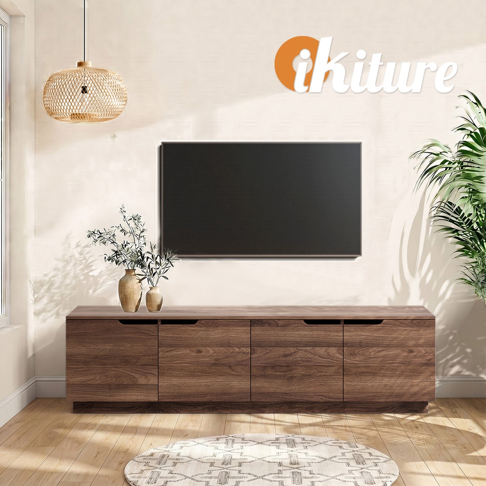Oikiture TV Cabinet Entertainment Unit Stand Wooden Storage Shelf 180cm Walnut