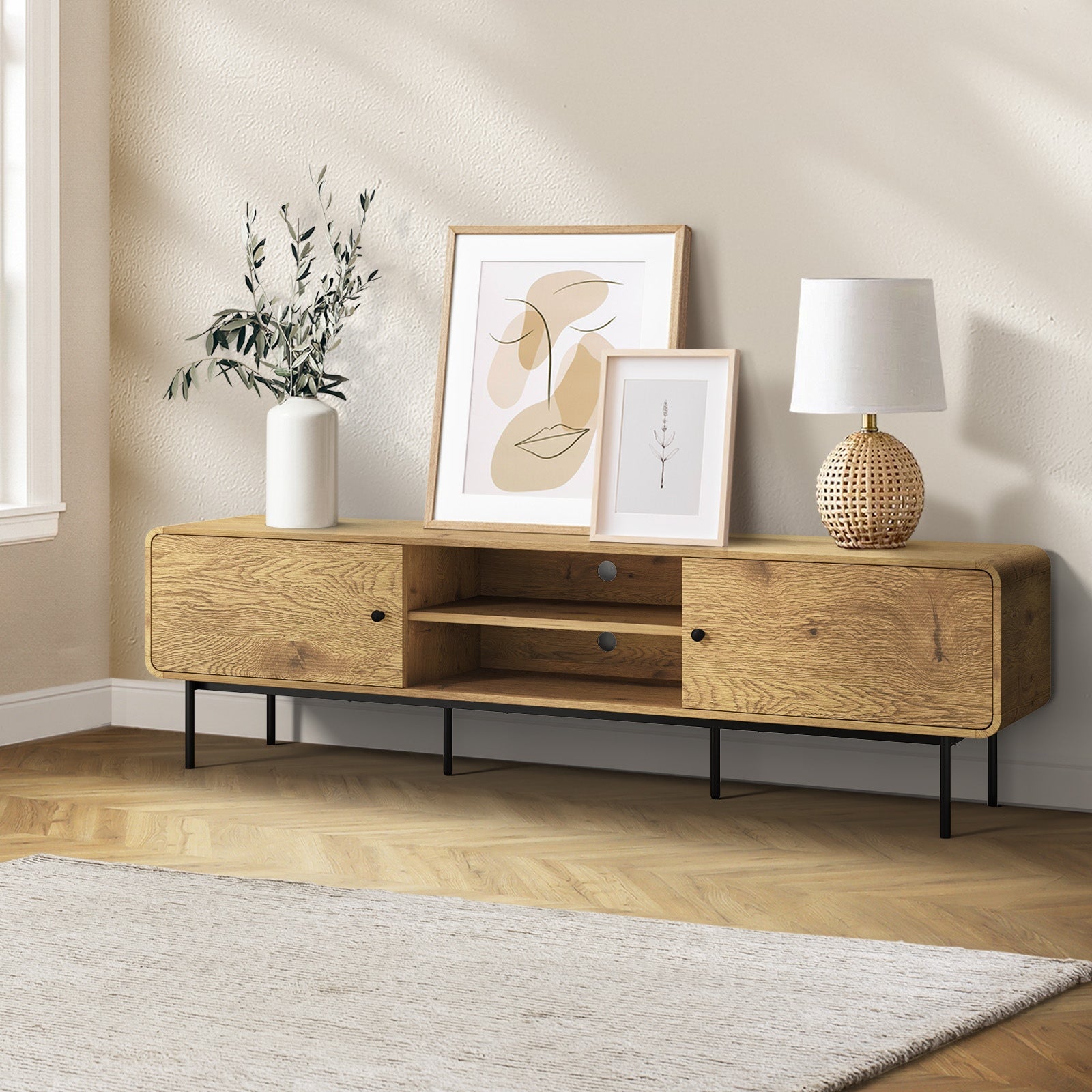 Oikiture TV Cabinet Entertainment Unit Stand 180cm Wooden Storage Shelves Oak - Sunyee