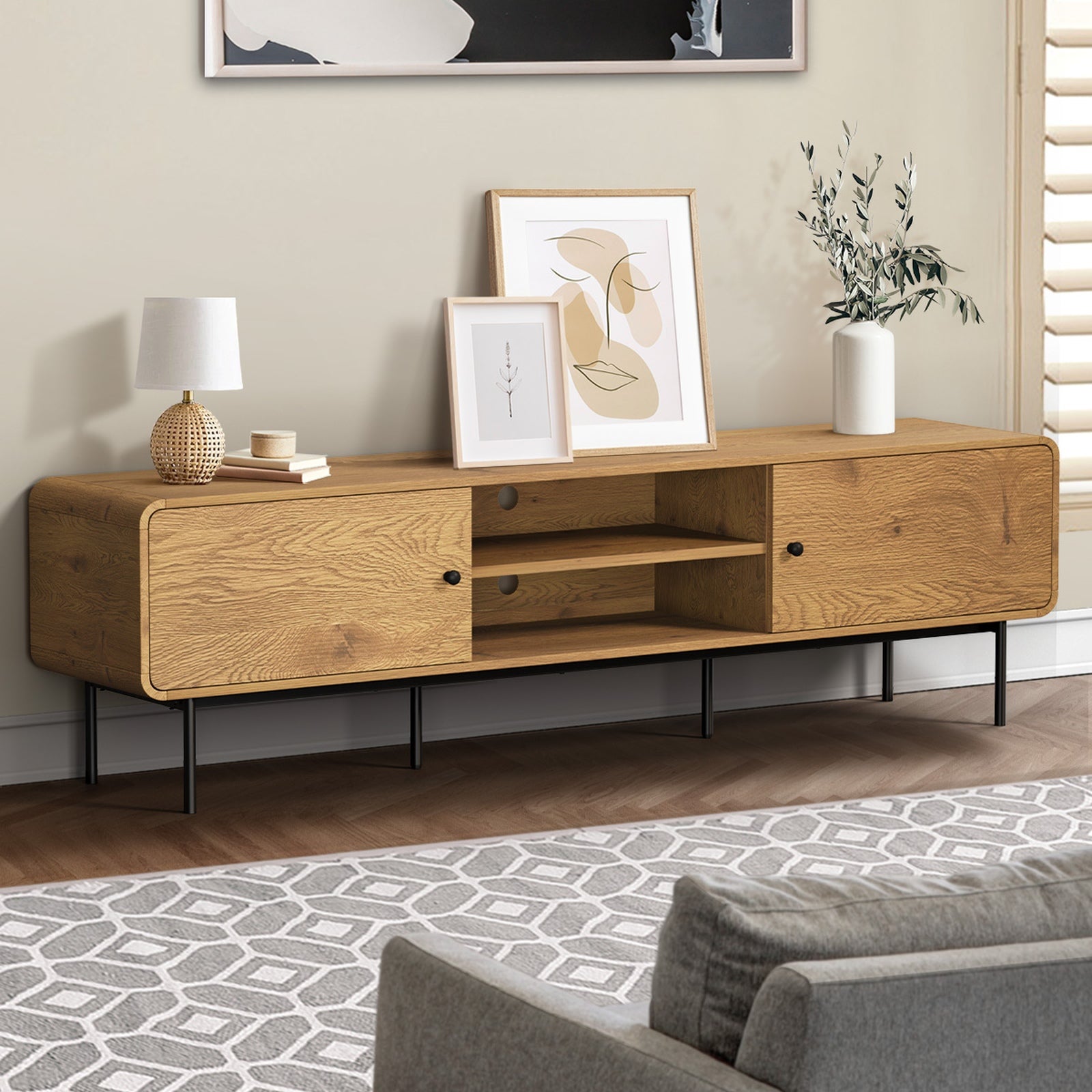 Oikiture TV Cabinet Entertainment Unit Stand 180cm Wooden Storage Shelves Oak - Sunyee