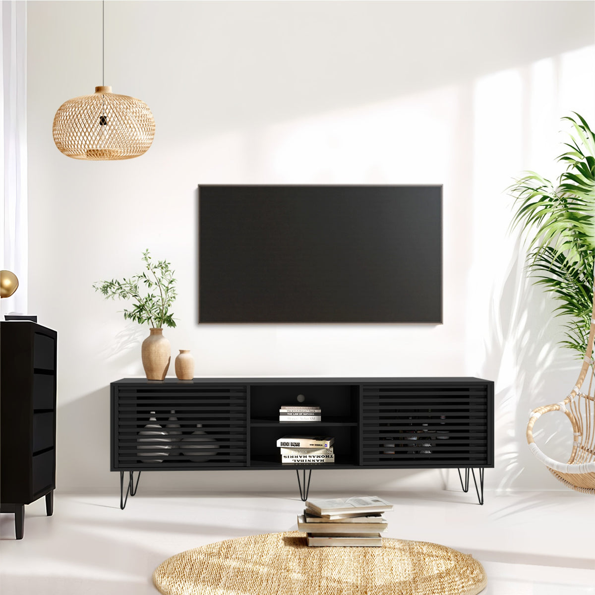 Oikiture TV Cabinet Entertainment Unit Stand Storage Sliding Door 180cm Black - Sunyee