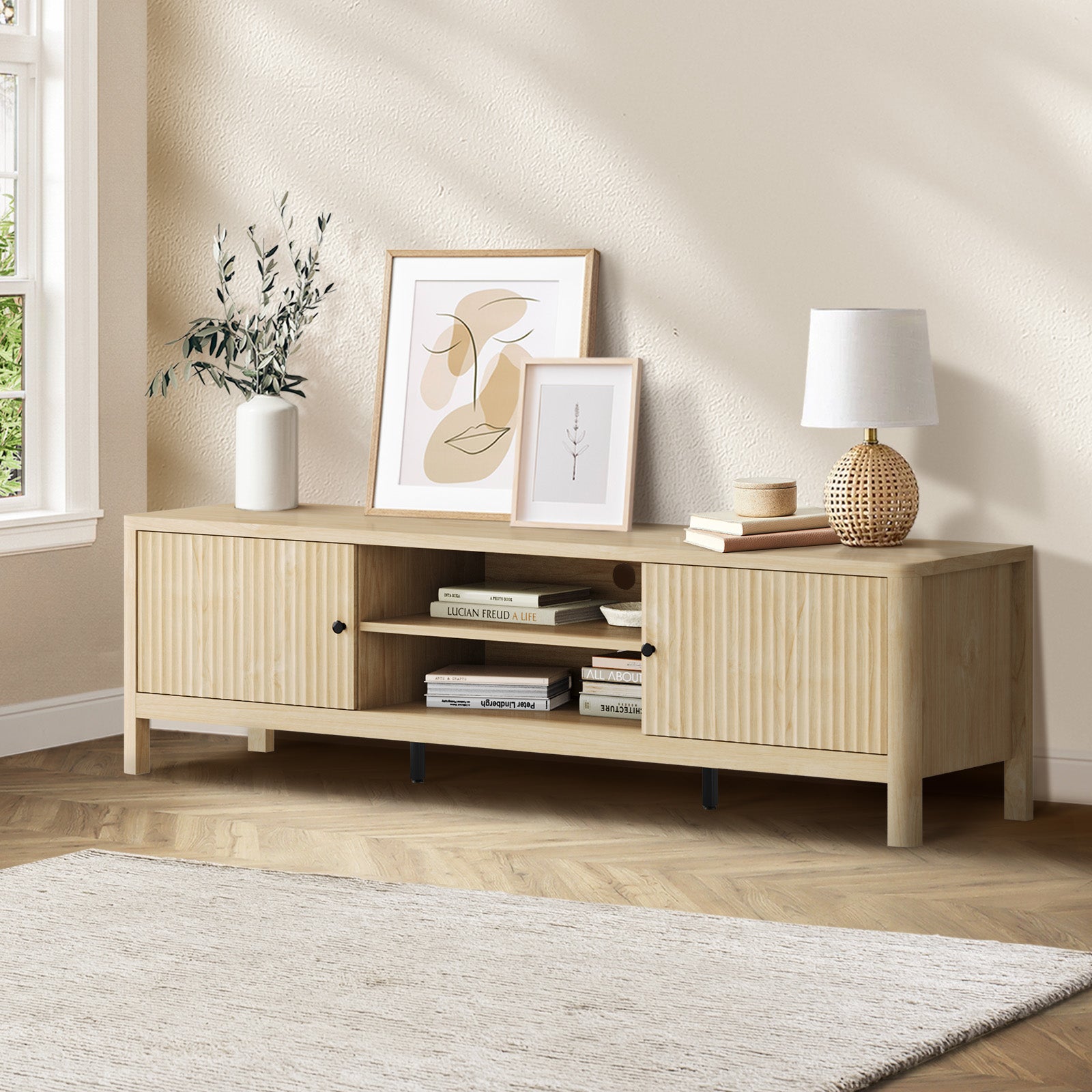 Oikiture TV Cabinet Entertainment Unit Stand Storage Shelves 160cm Natural