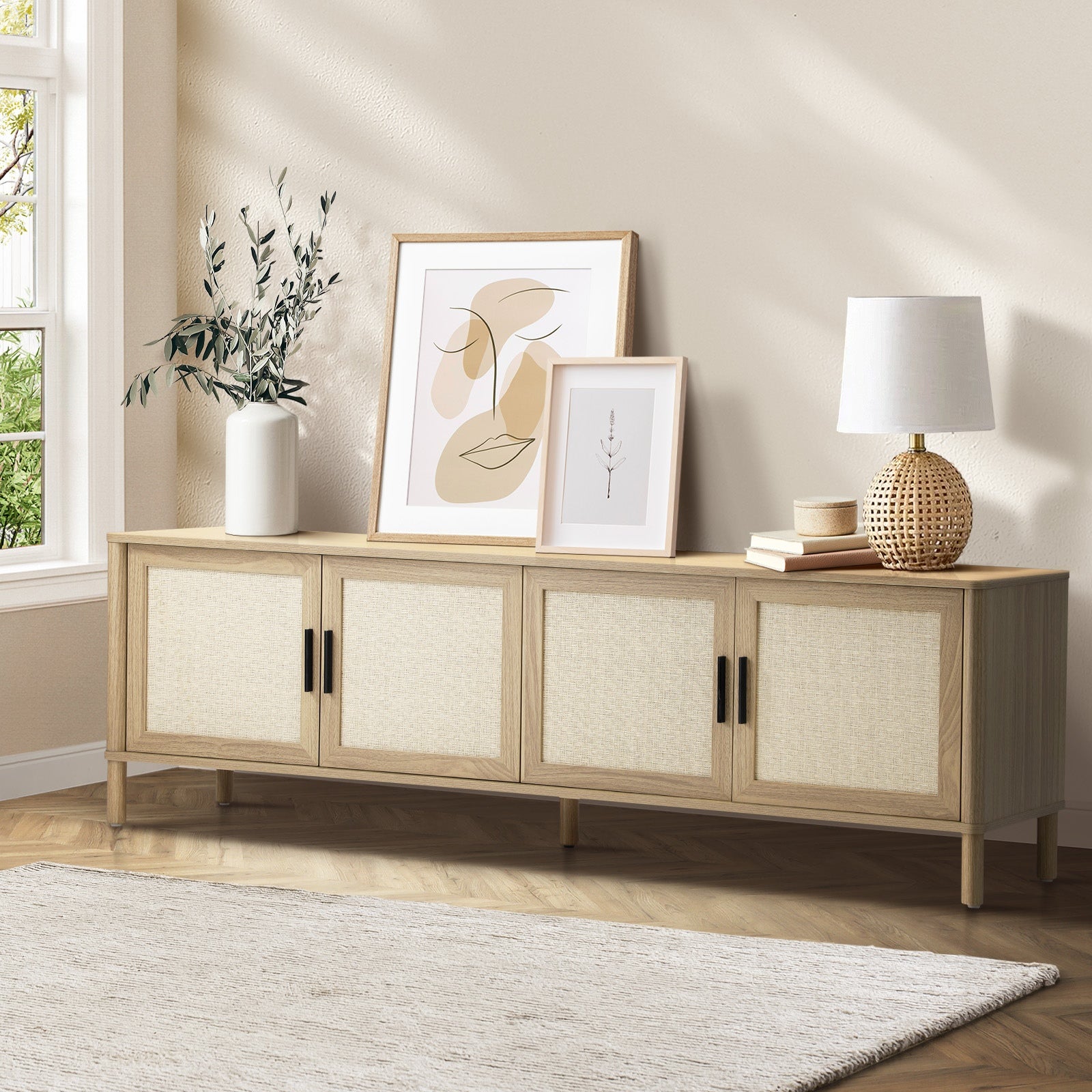 Oikiture TV Cabinet Entertainment Unit Stand 160cm Storage Rattan Doors Natural - Sunyee