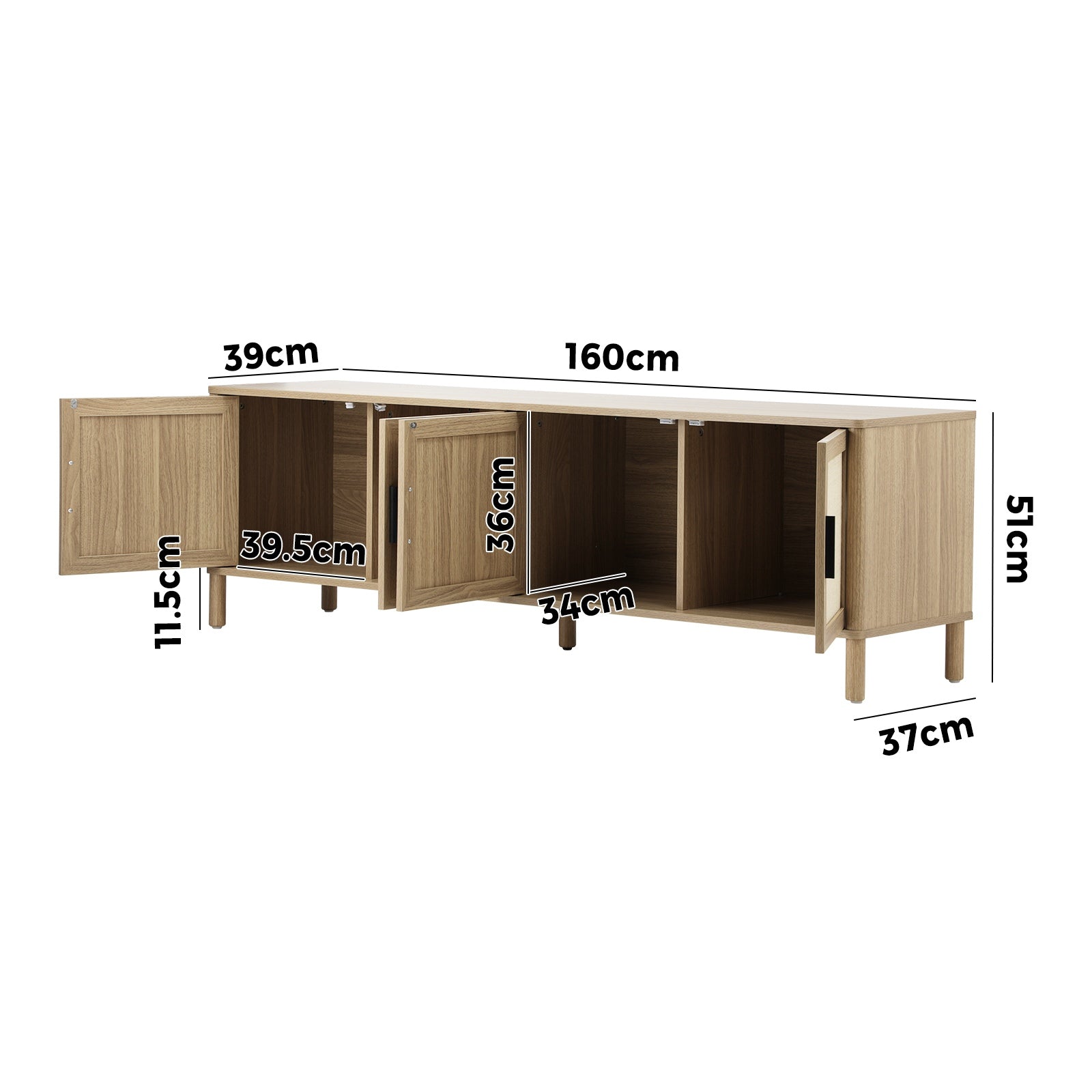 Oikiture TV Cabinet Entertainment Unit Stand 160cm Storage Rattan Doors Natural - Sunyee