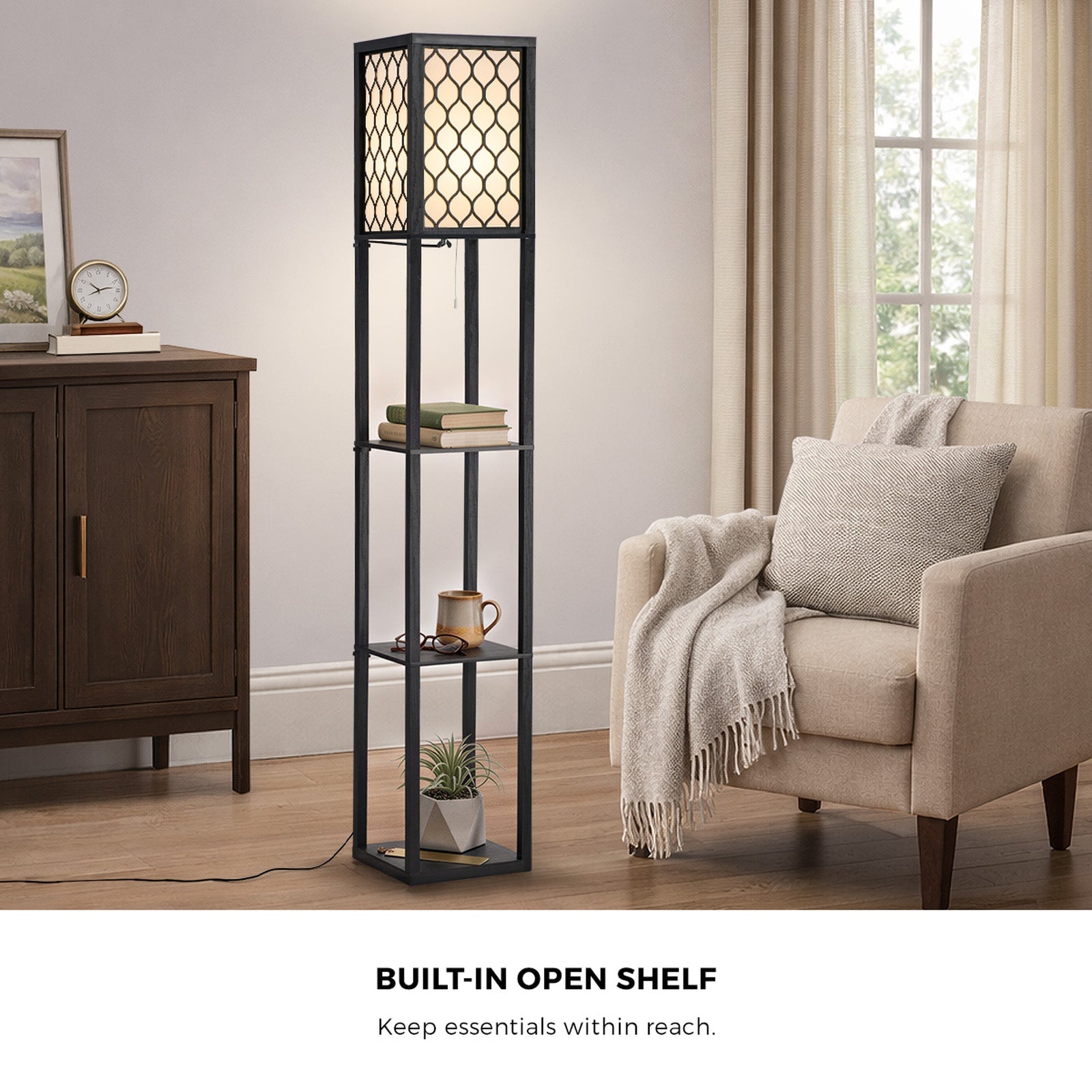Oikiture Column Floor Lamps Freestanding Metal Lamp Fabric Shade 3-tier Shelves
