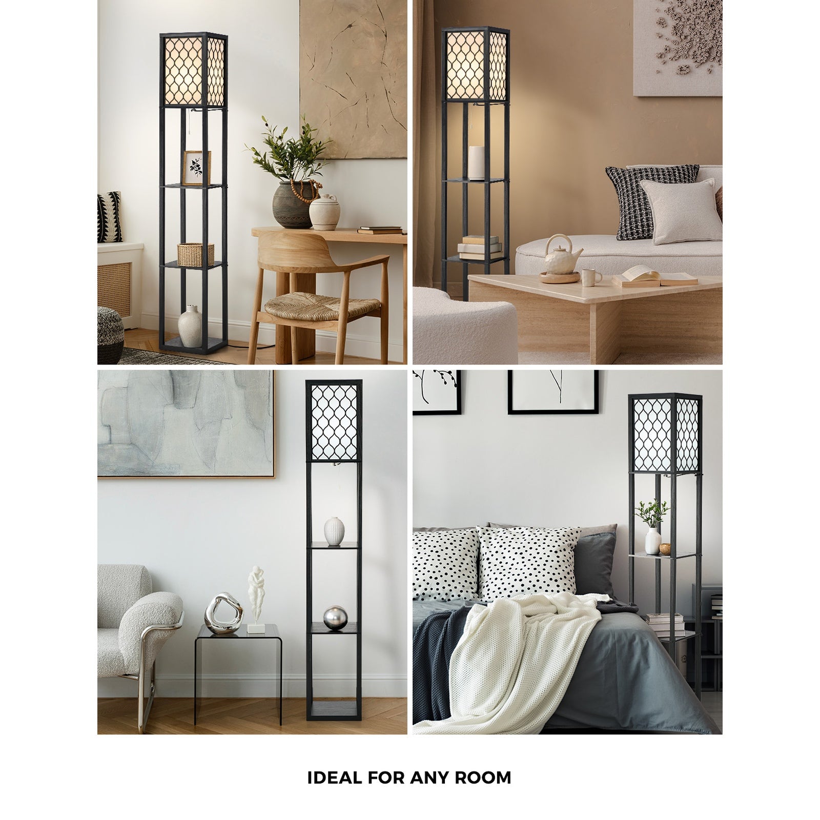 Oikiture Column Floor Lamps Freestanding Metal Lamp Fabric Shade 3-tier Shelves