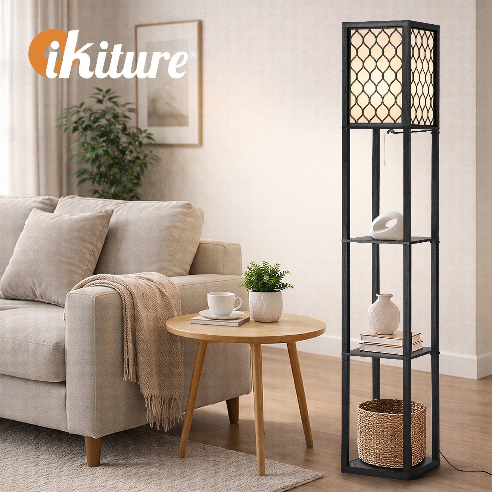 Oikiture Column Floor Lamps Freestanding Metal Lamp Fabric Shade 3-tier Shelves