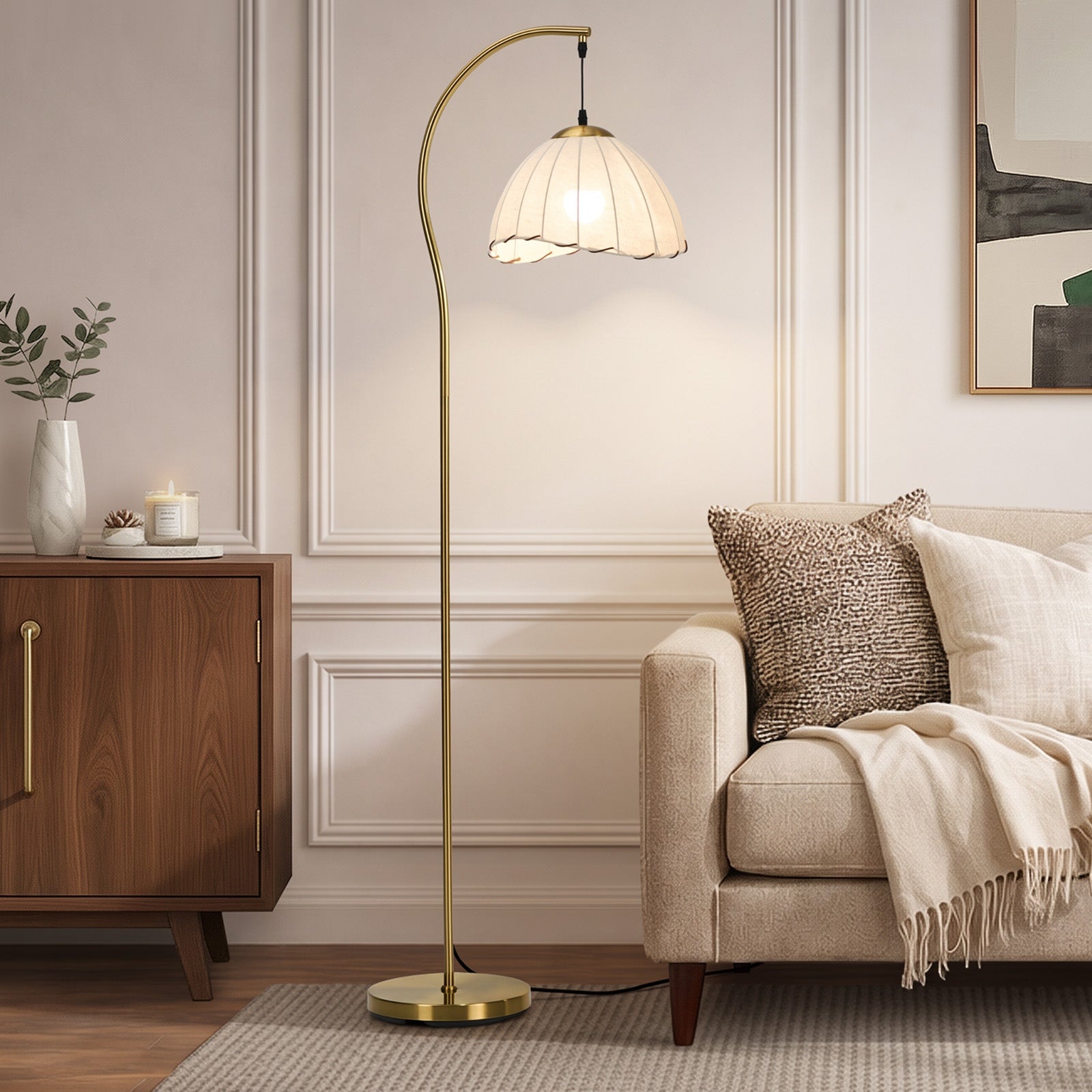 Oikiture Retro Floor Lamps Standing Lamp Fabric Shape Metal Frame Golden