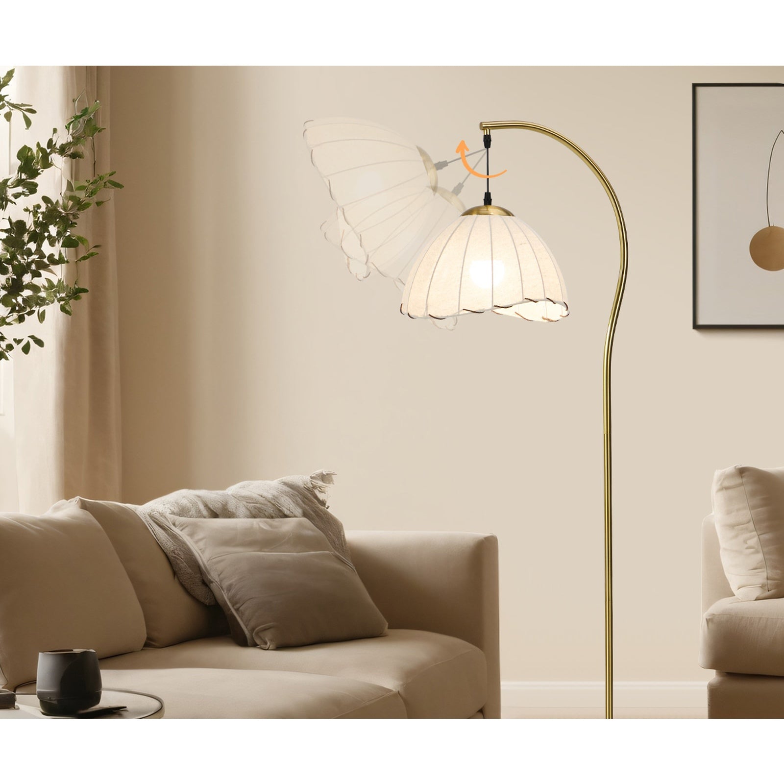 Oikiture Retro Floor Lamps Standing Lamp Fabric Shape Metal Frame Golden