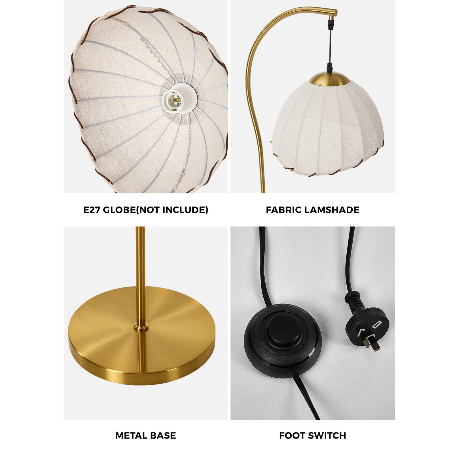 Oikiture Retro Floor Lamps Standing Lamp Fabric Shape Metal Frame Golden