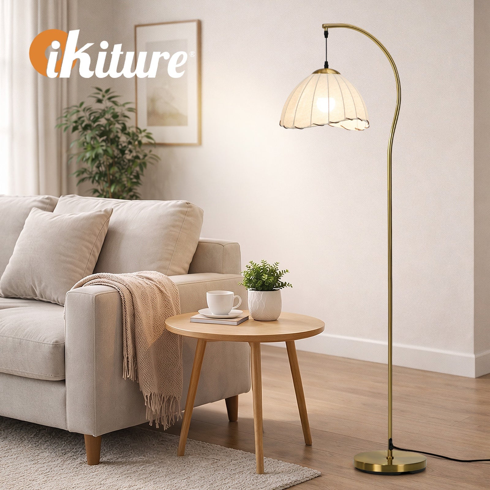 Oikiture Retro Floor Lamps Standing Lamp Fabric Shape Metal Frame Golden