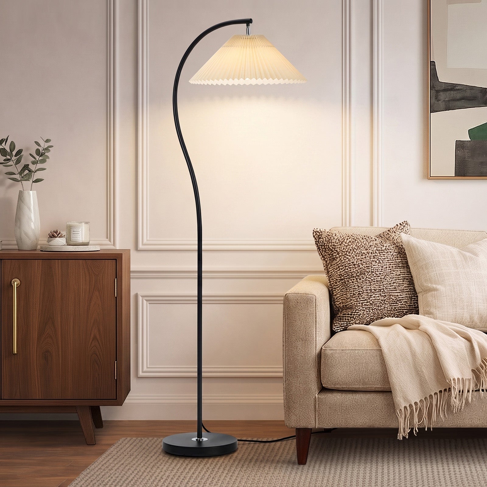 Oikiture Floor Lamp Standing Lamp Pleated Shade Metal Reading Lamp Black