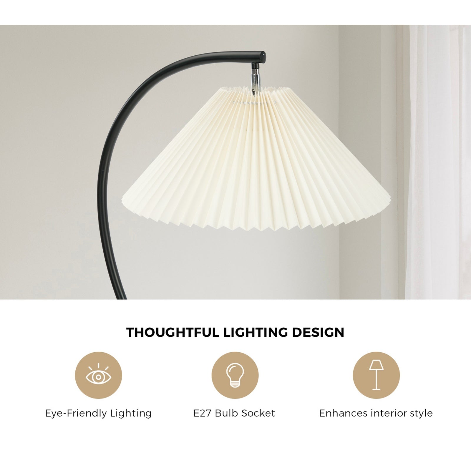 Oikiture Floor Lamp Standing Lamp Pleated Shade Metal Reading Lamp Black