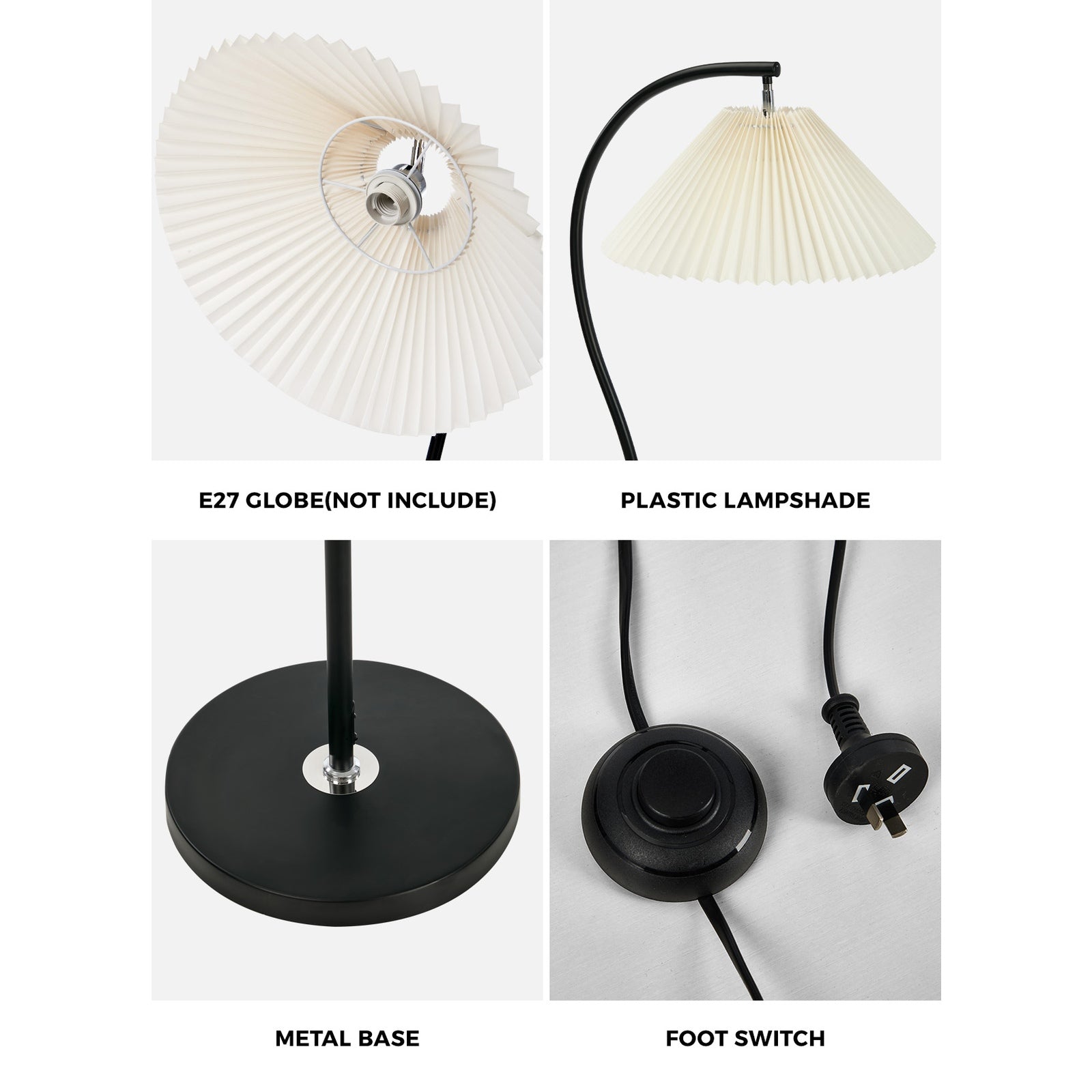 Oikiture Floor Lamp Standing Lamp Pleated Shade Metal Reading Lamp Black