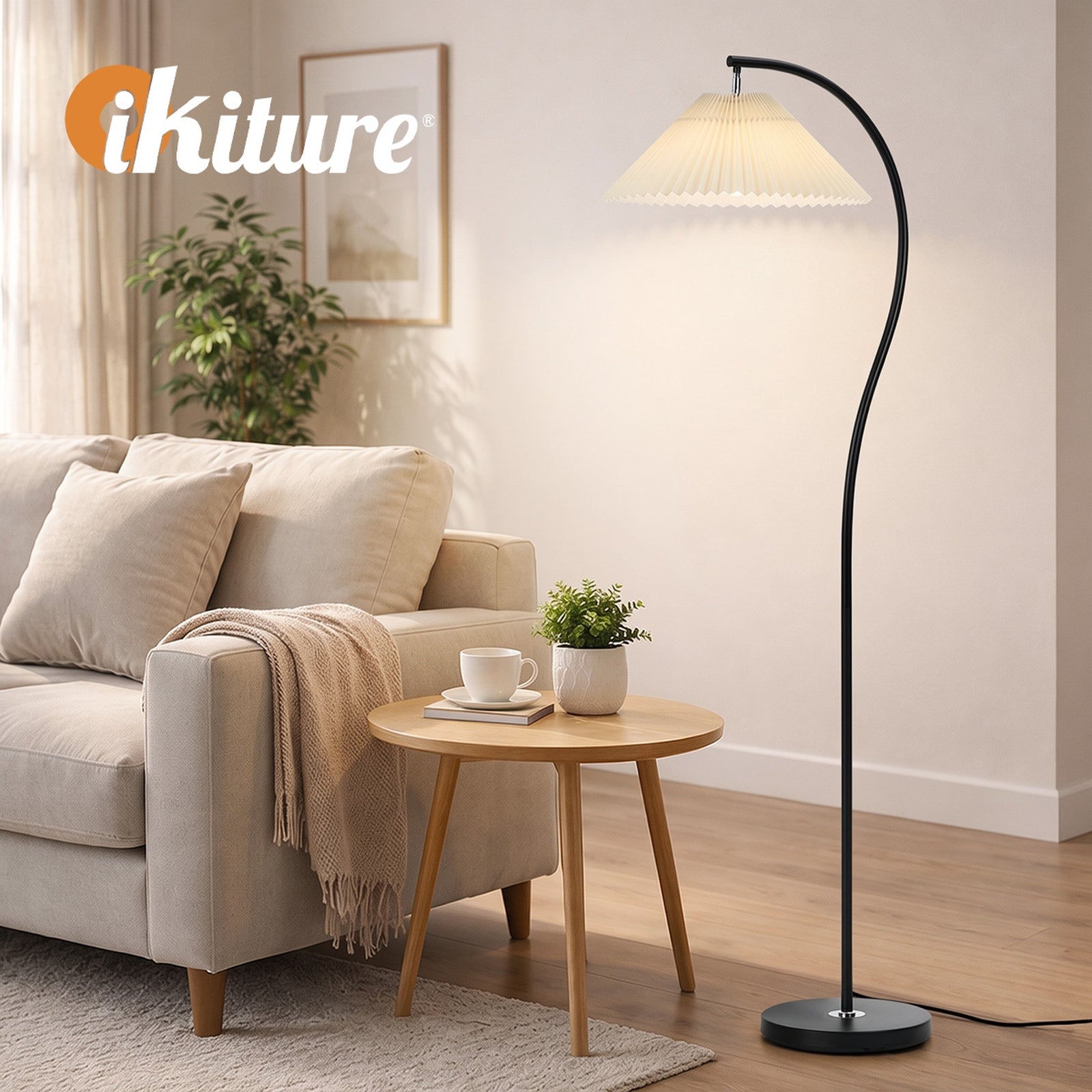 Oikiture Floor Lamp Standing Lamp Pleated Shade Metal Reading Lamp Black