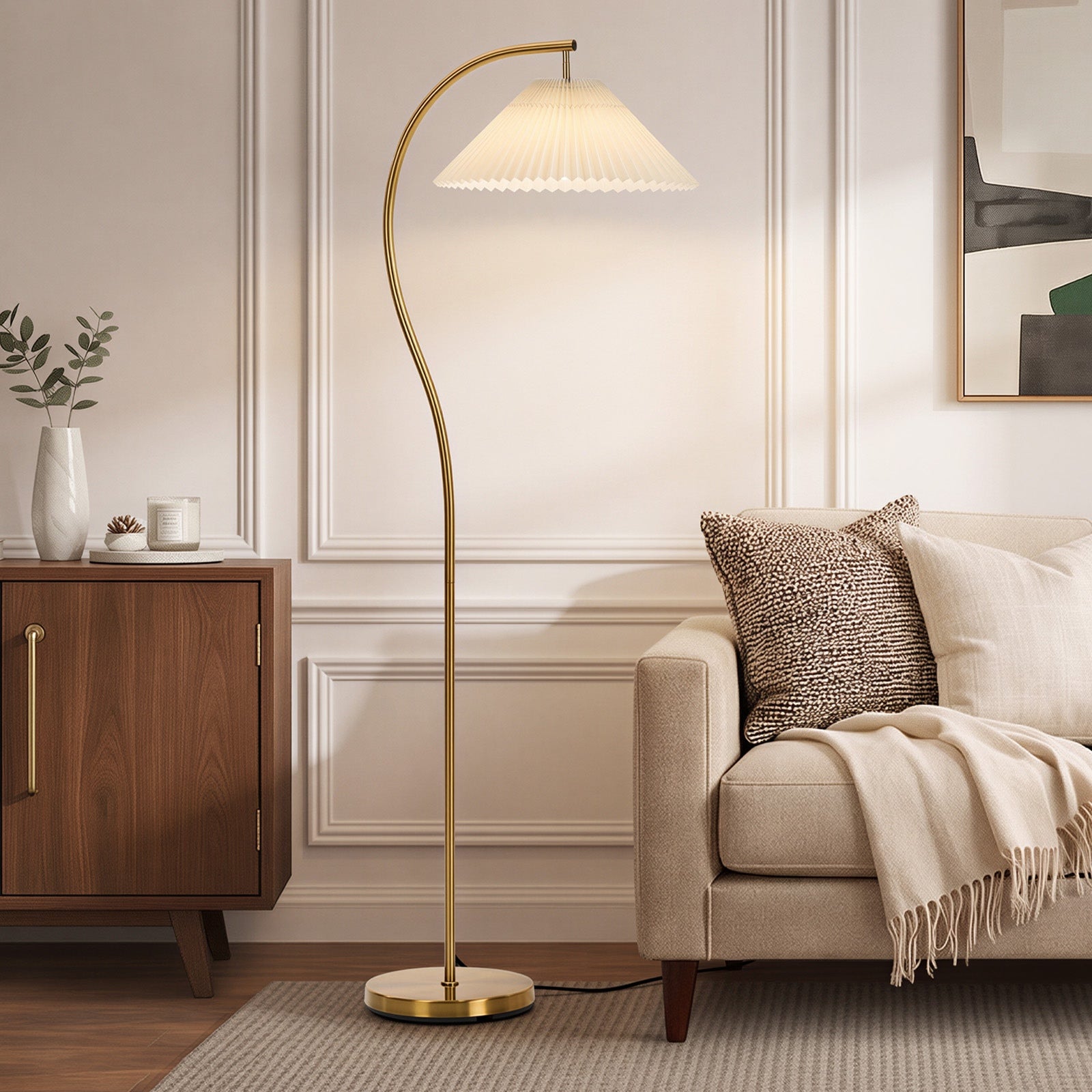 Oikiture Floor Lamp Standing Lamp Pleated Shade Metal Reading Lamp Golden