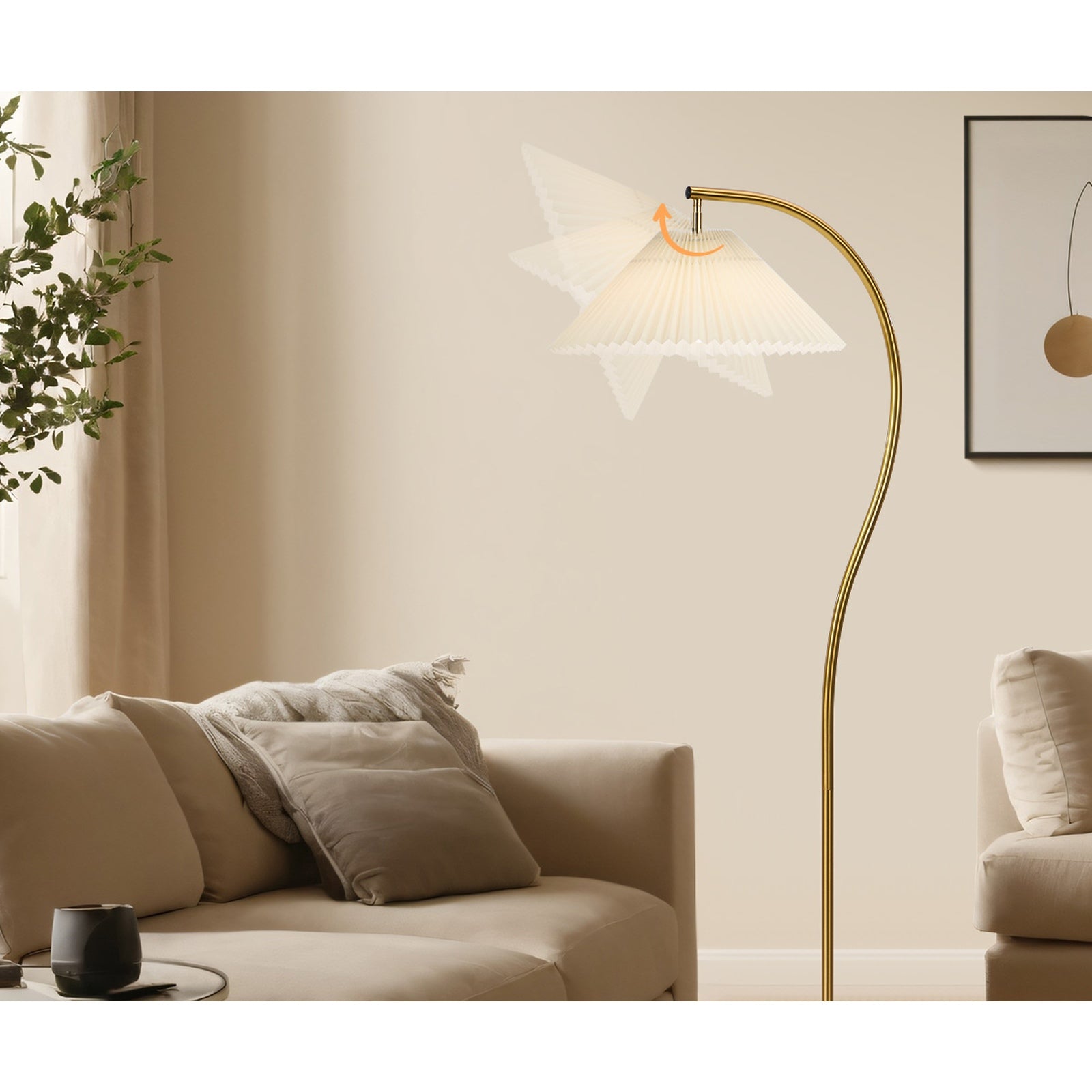 Oikiture Floor Lamp Standing Lamp Pleated Shade Metal Reading Lamp Golden