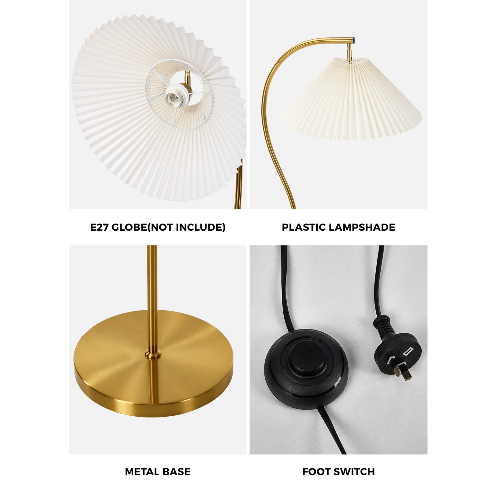 Oikiture Floor Lamp Standing Lamp Pleated Shade Metal Reading Lamp Golden