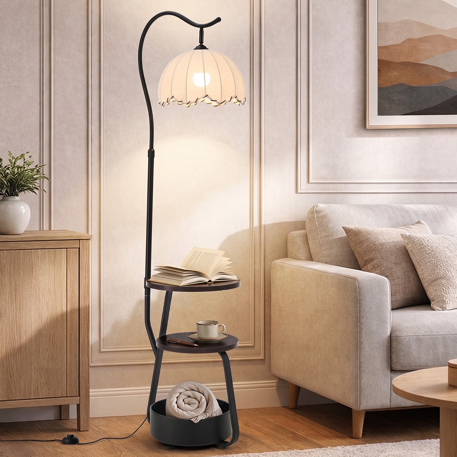 Oikiture Metal Floor Lamps Freestanding Reading Lamp Fabric Shade w/Side Table