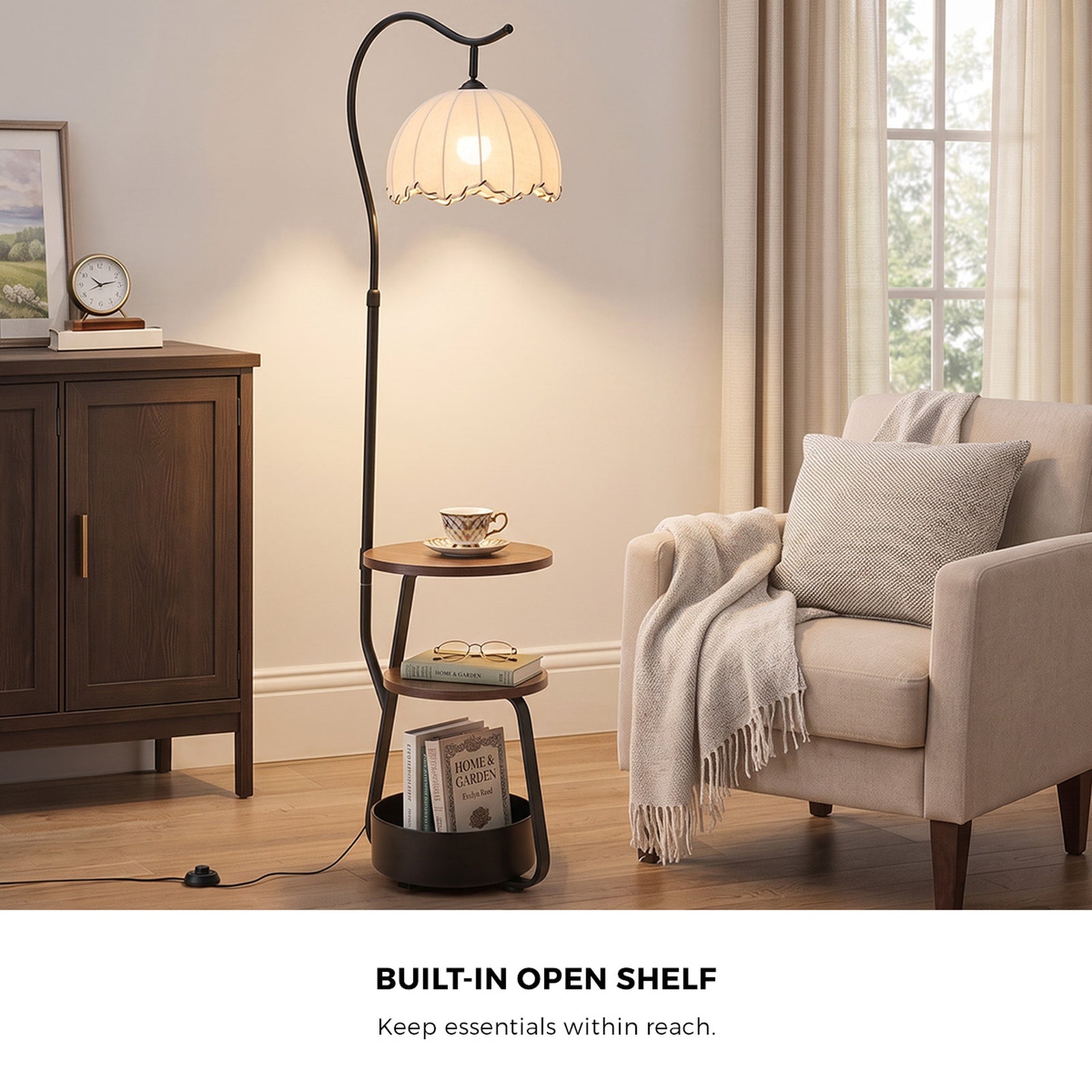 Oikiture Metal Floor Lamps Freestanding Reading Lamp Fabric Shade w/Side Table