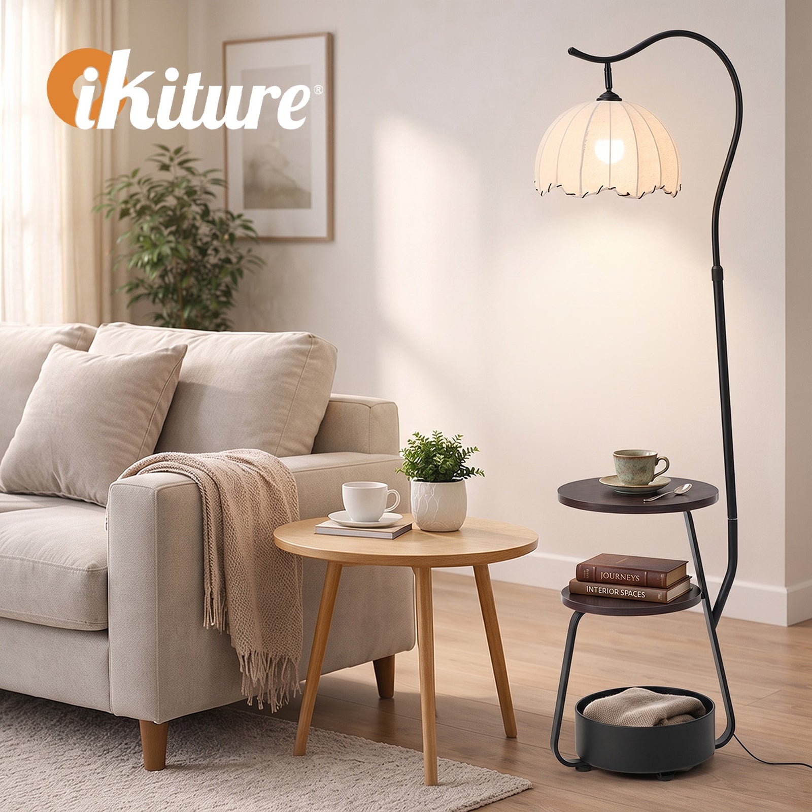 Oikiture Metal Floor Lamps Freestanding Reading Lamp Fabric Shade w/Side Table