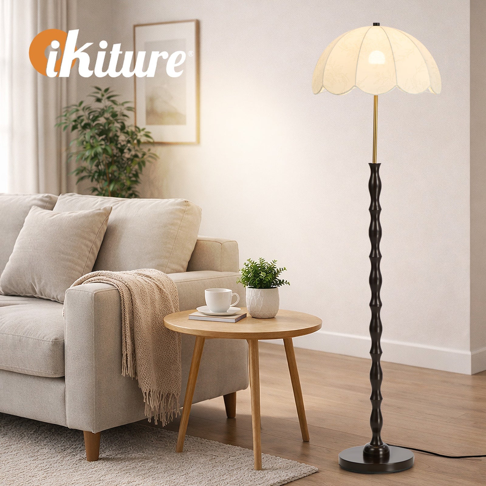 Oikiture Metal Floor lamps Freestanding Reading Lamp Fabric Shade Vintage
