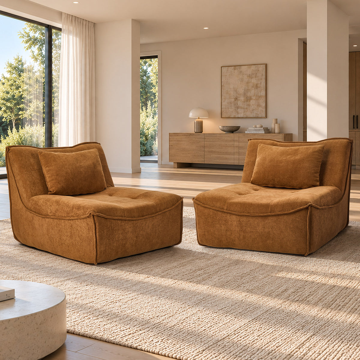 Oikiture 2x Accent Chair Lazy Sofa Floor Couch Leisure Lounge Foam Pouffe Brown