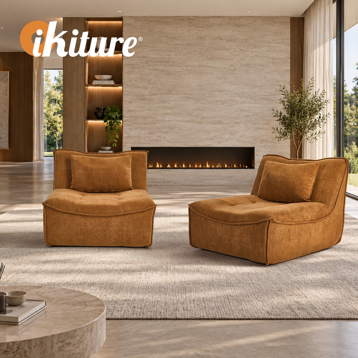 Oikiture 2x Accent Chair Lazy Sofa Floor Couch Leisure Lounge Foam Pouffe Brown