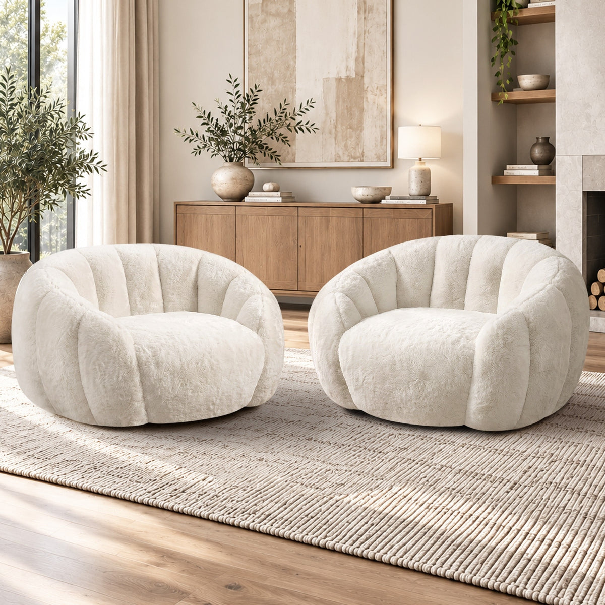 Oikiture 2x Bean Bag Chair Floor Lounge Lazy Sofa Faux Rabbit Fleece Beige - Sunyee